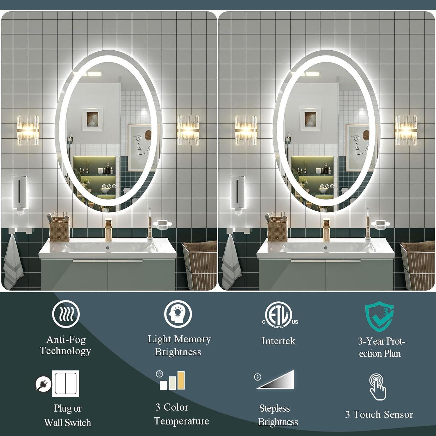 Espejo de Baño LED Ovalado OKPAL 71x91cm Anti-Niebla