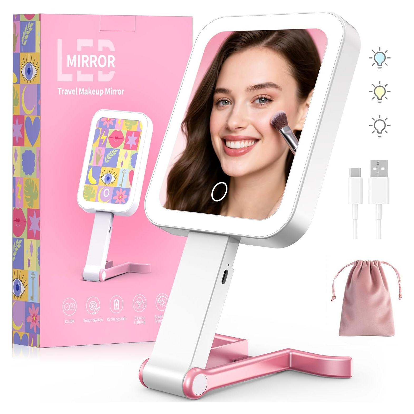 Espejo de Maquillaje Fshyos LED Doble Cara 10X/1X Rosa