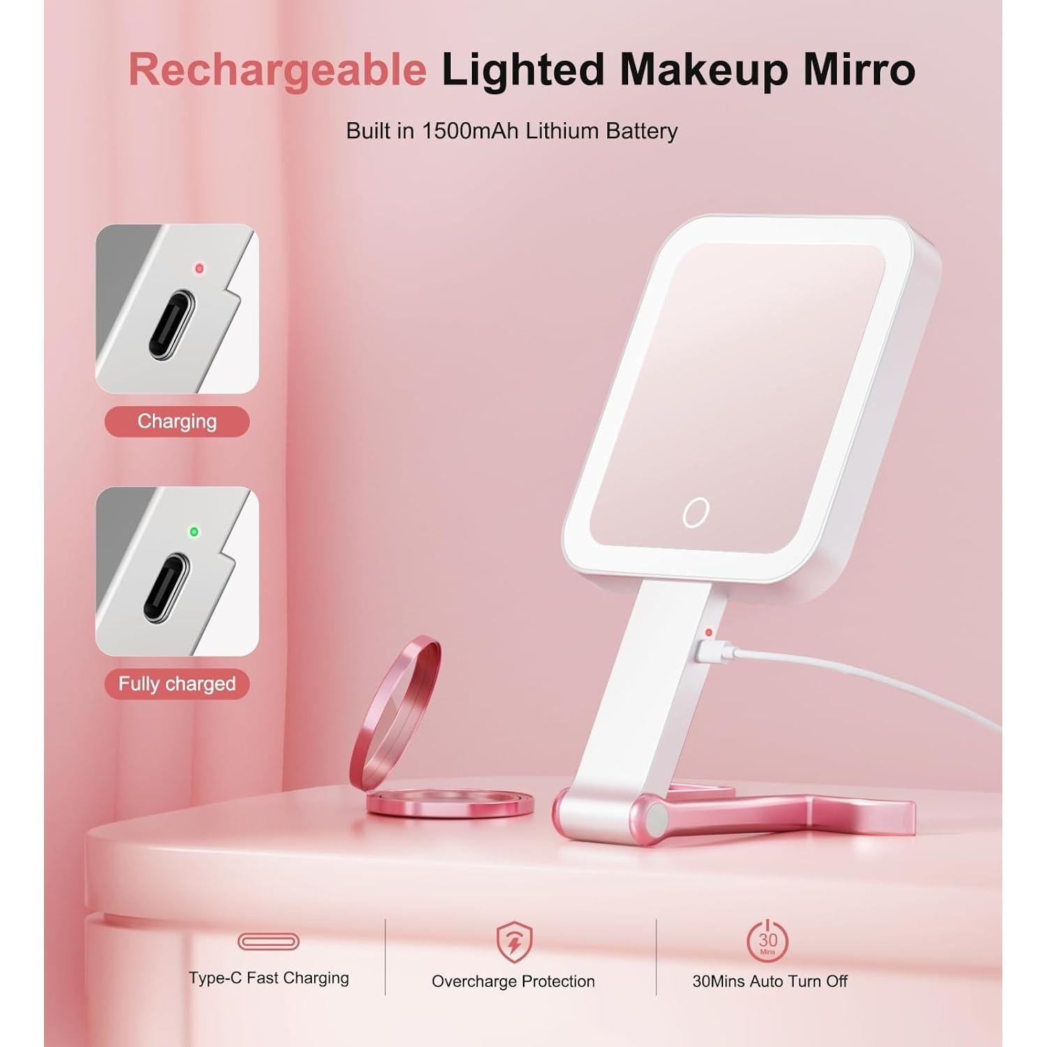 Espejo de Maquillaje Fshyos LED Doble Cara 10X/1X Rosa