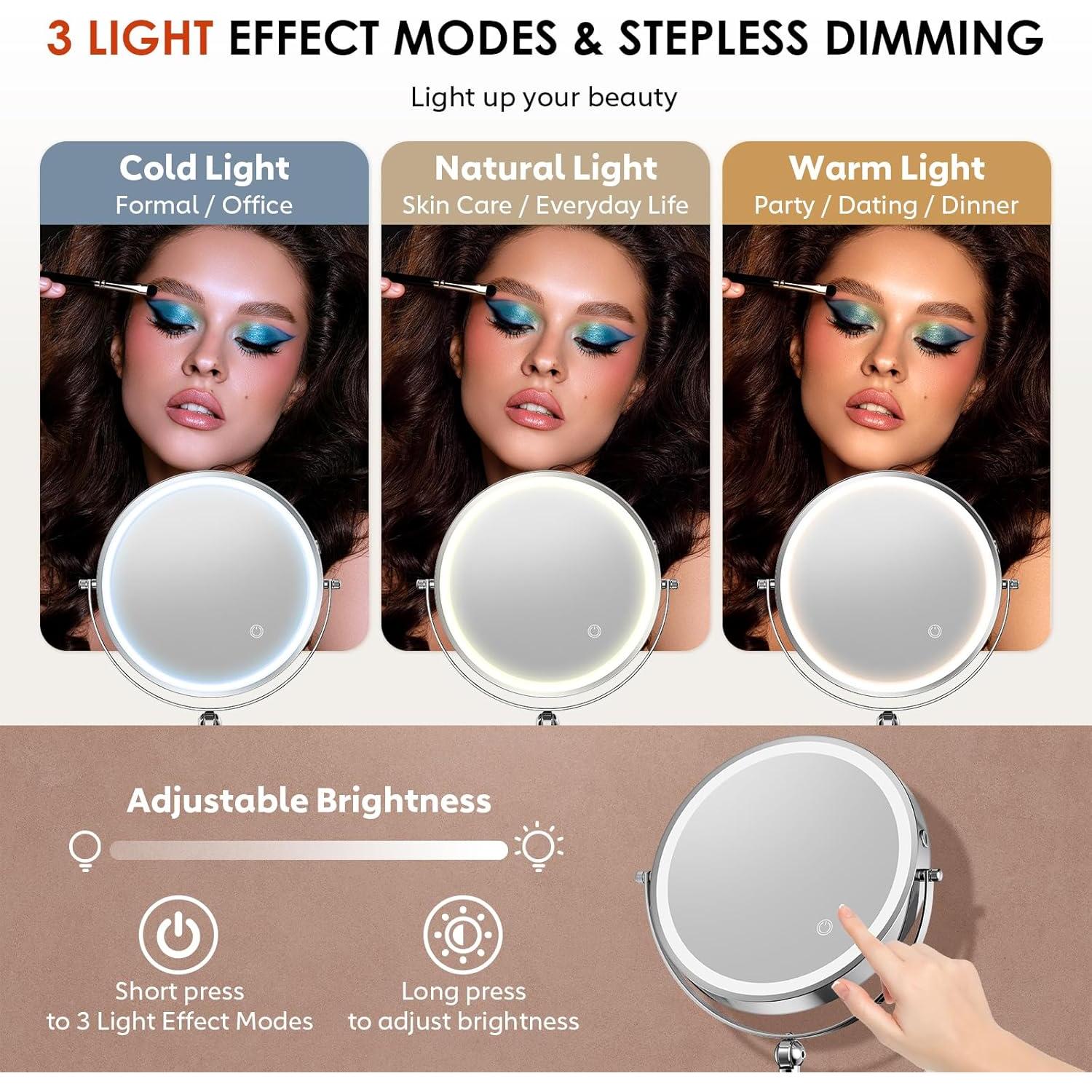 Espejo de Maquillaje Iluminado ZLOKLA 22.86 cm Doble Cara 1X/20X