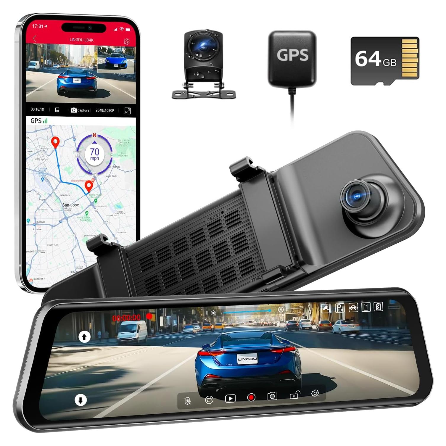 Cámara de Espejo Dash LINGDU LD4K 4K UHD + 2.5K Trasera