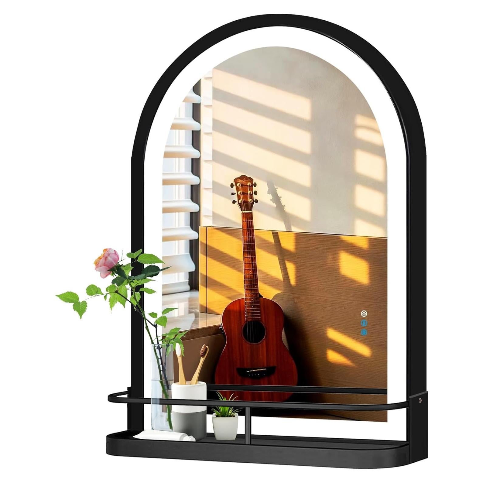 Espejo de Baño LED Arqueado Thekla 91x61 cm Negro con Estante