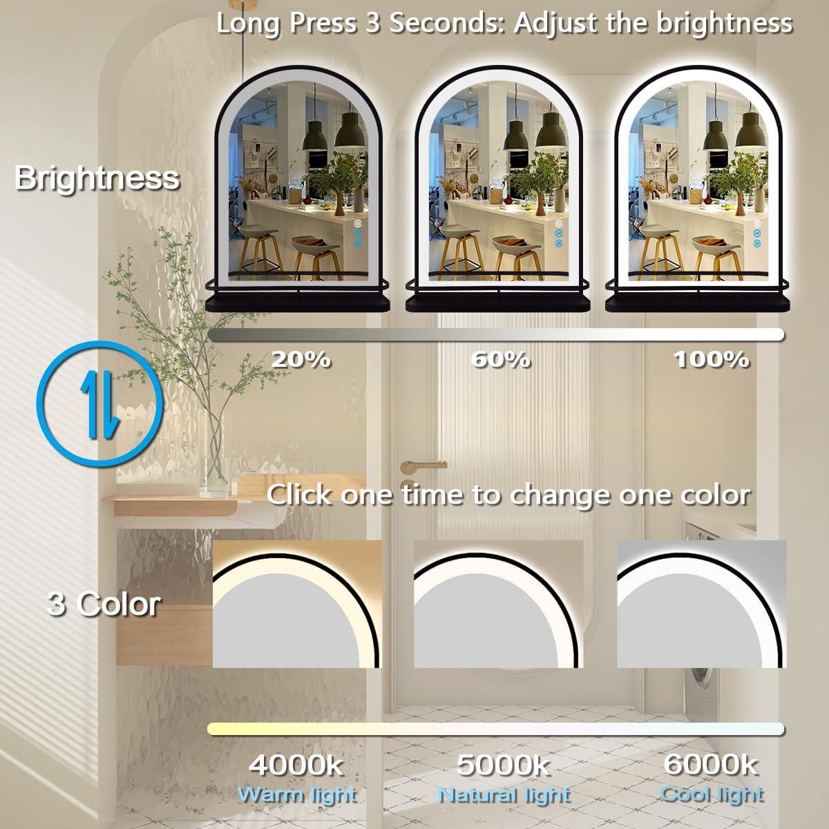 Espejo de Baño LED Arqueado Thekla 91x61 cm Negro con Estante