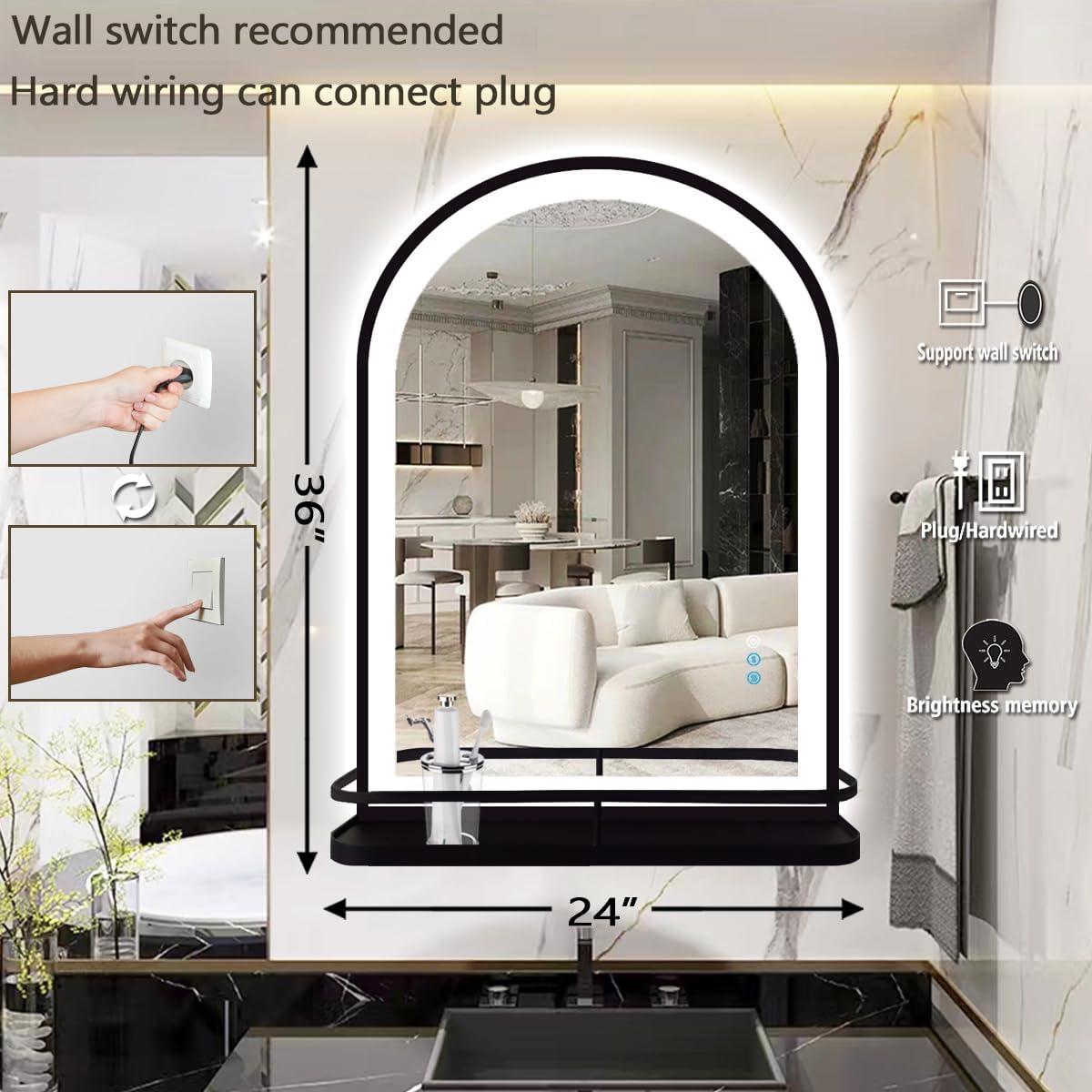 Espejo de Baño LED Arqueado Thekla 91x61 cm Negro con Estante