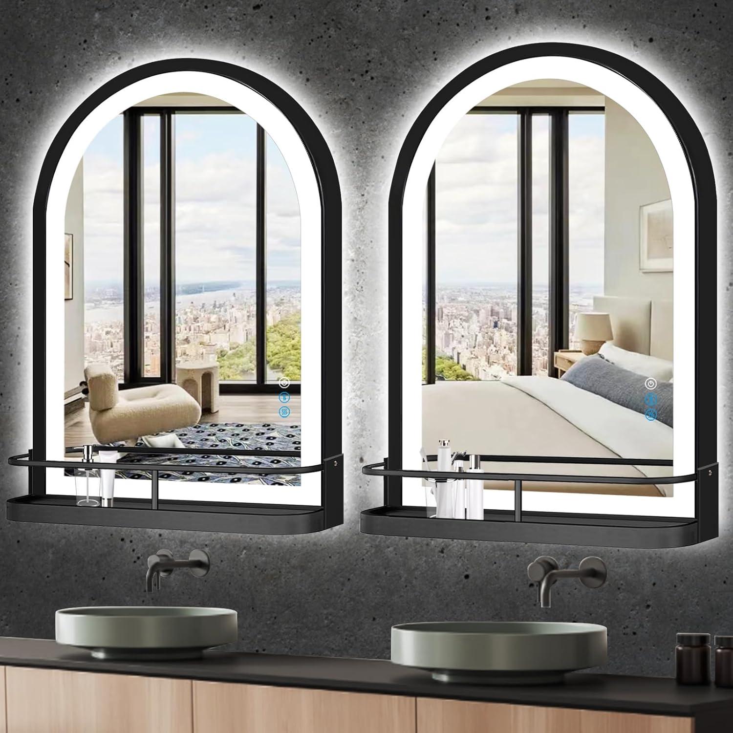 Espejo de Baño LED Arqueado Thekla 91x61 cm Negro con Estante