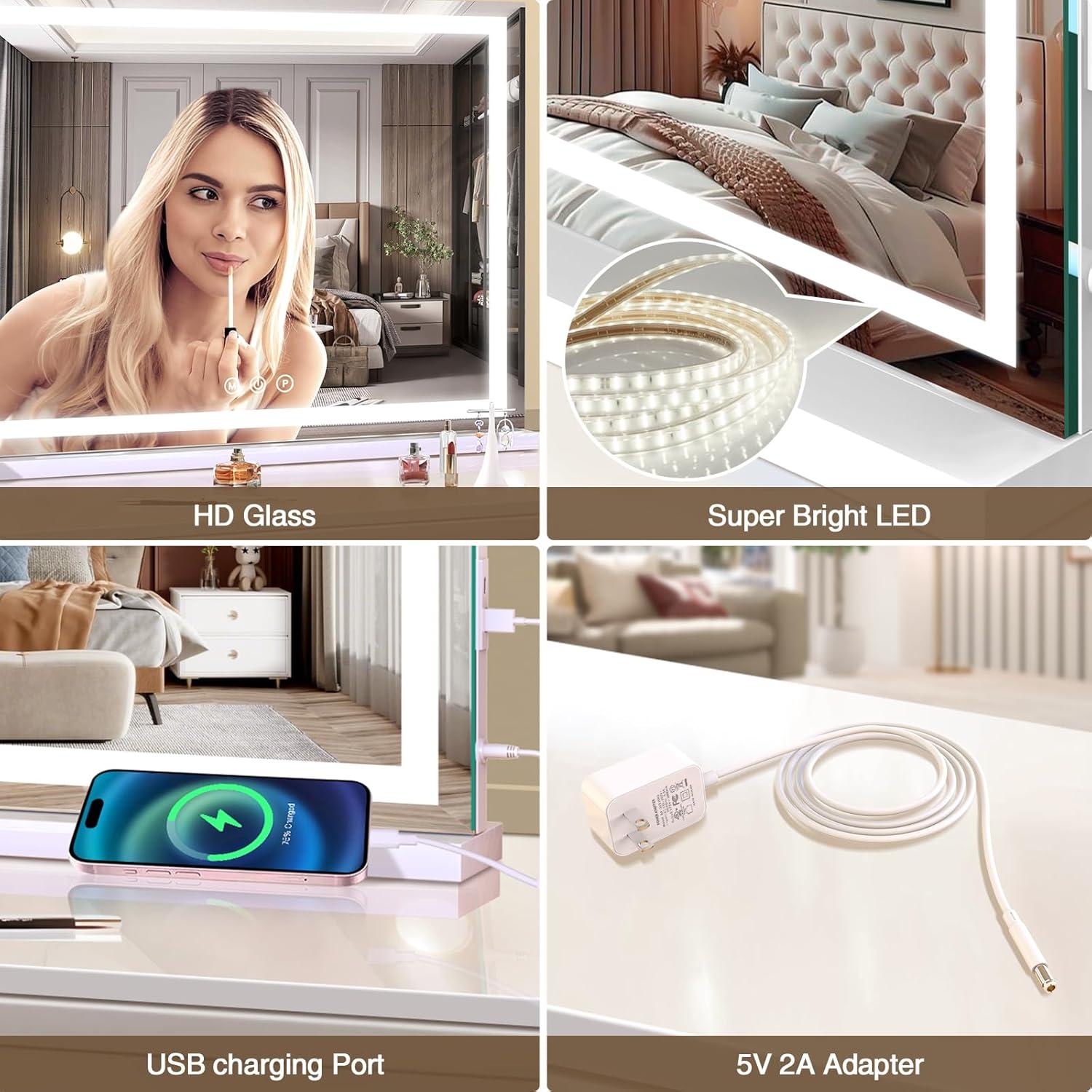 Espejo de tocador LED Halumao 60x80 cm con luz regulable