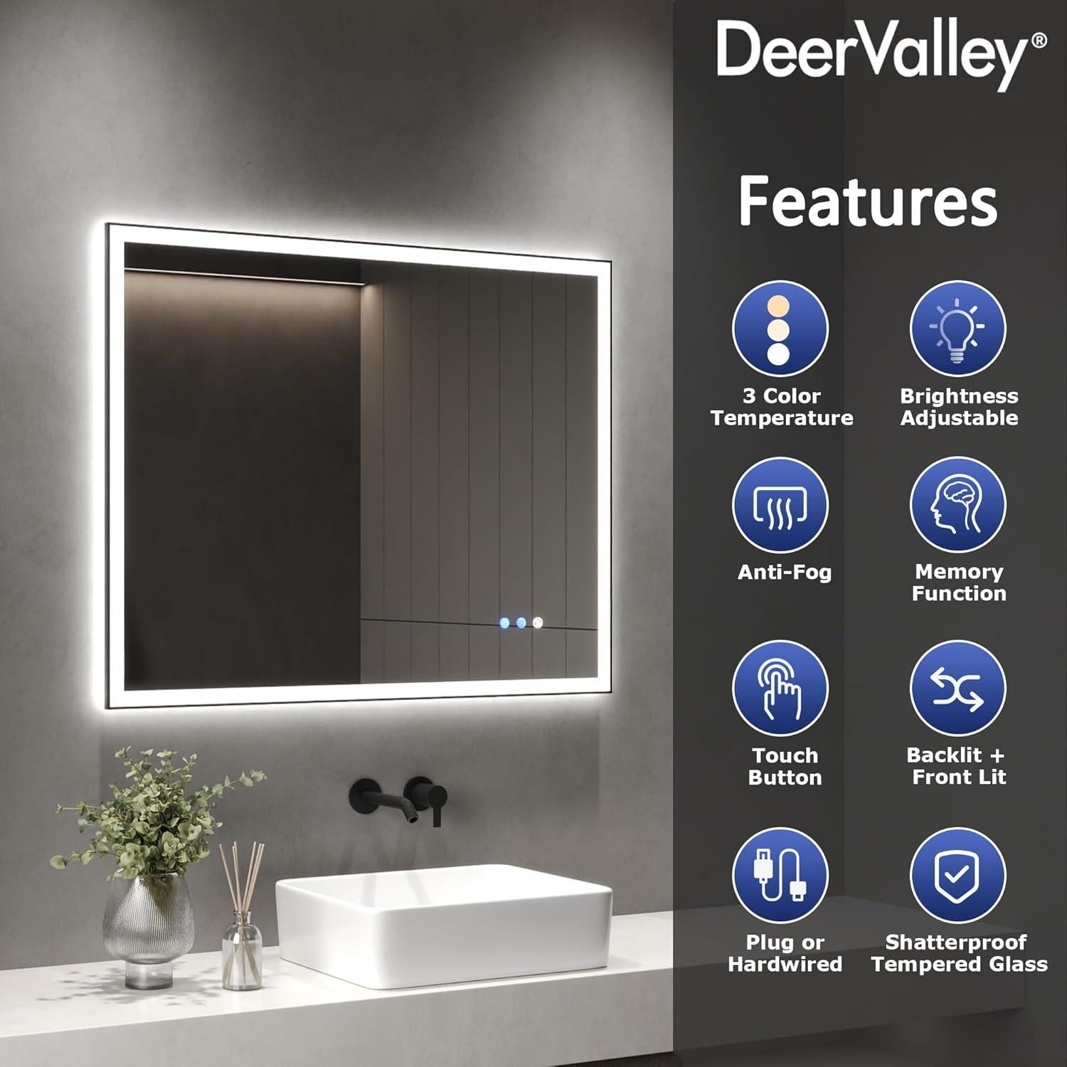 Espejo de Baño LED Deer Valley 101.6x81.3 cm con Anti-vaho