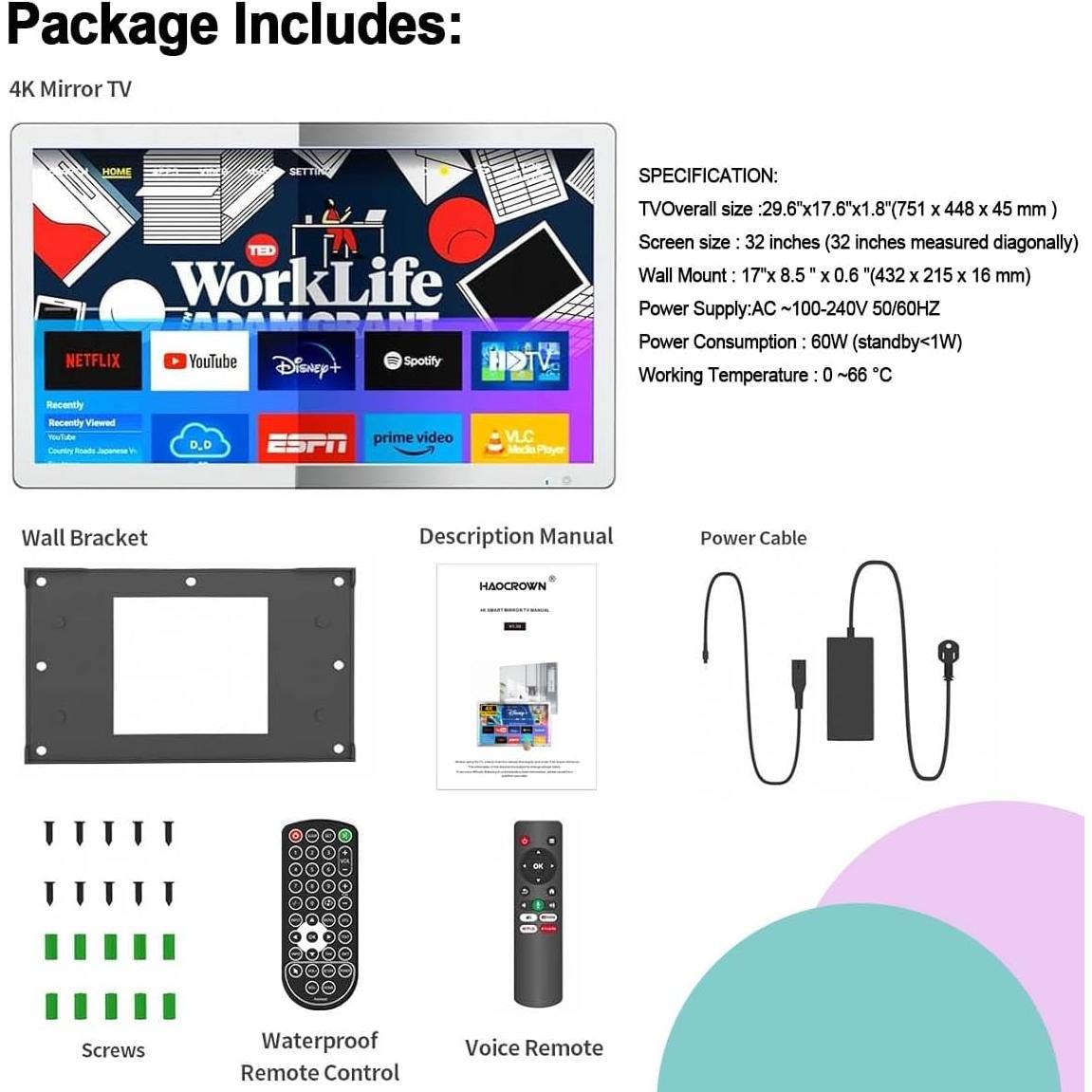 Televisor Espejo 32" Haocrown 4K IP66 Android 13 Control Voz