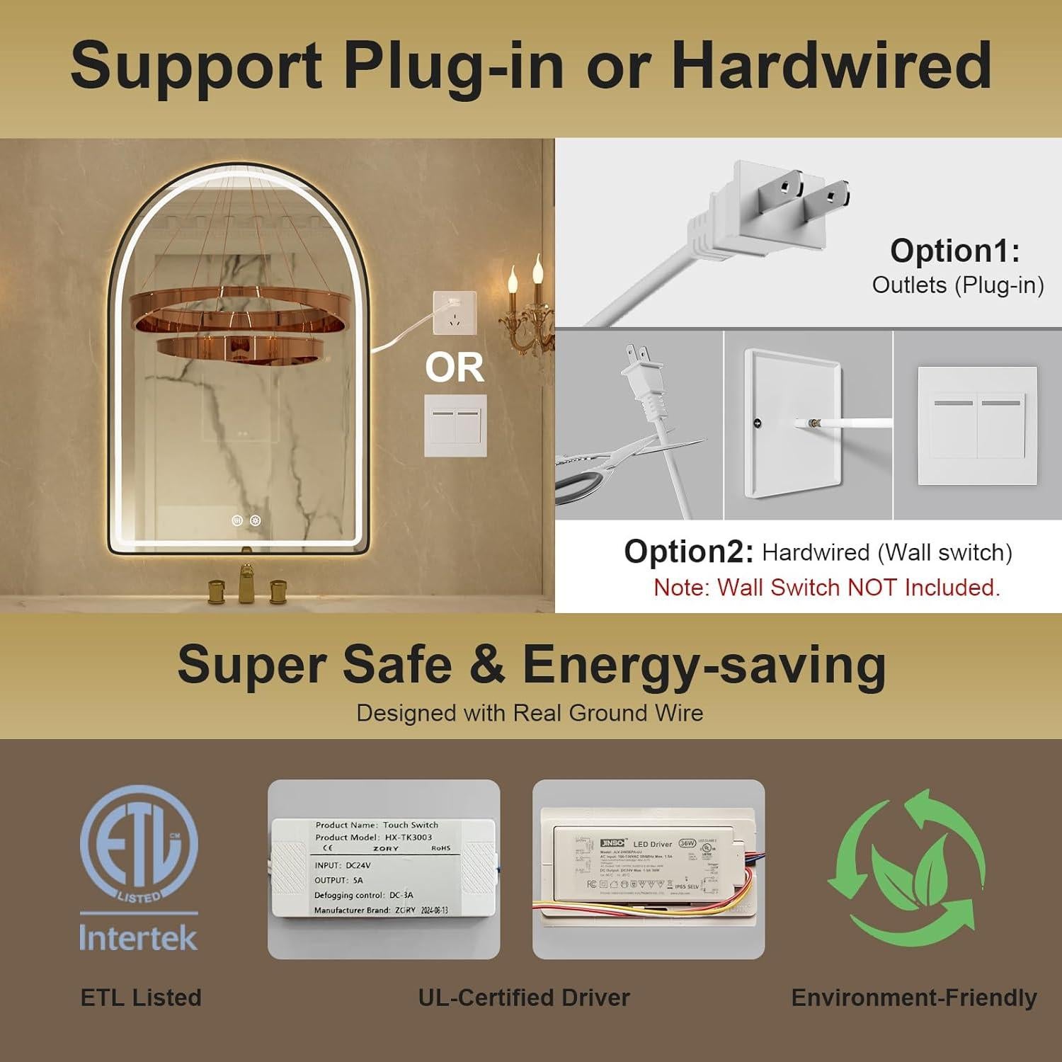 Espejo LED Arqueado Jing Yi Ming Jing 22x81 cm Negro Antivaho