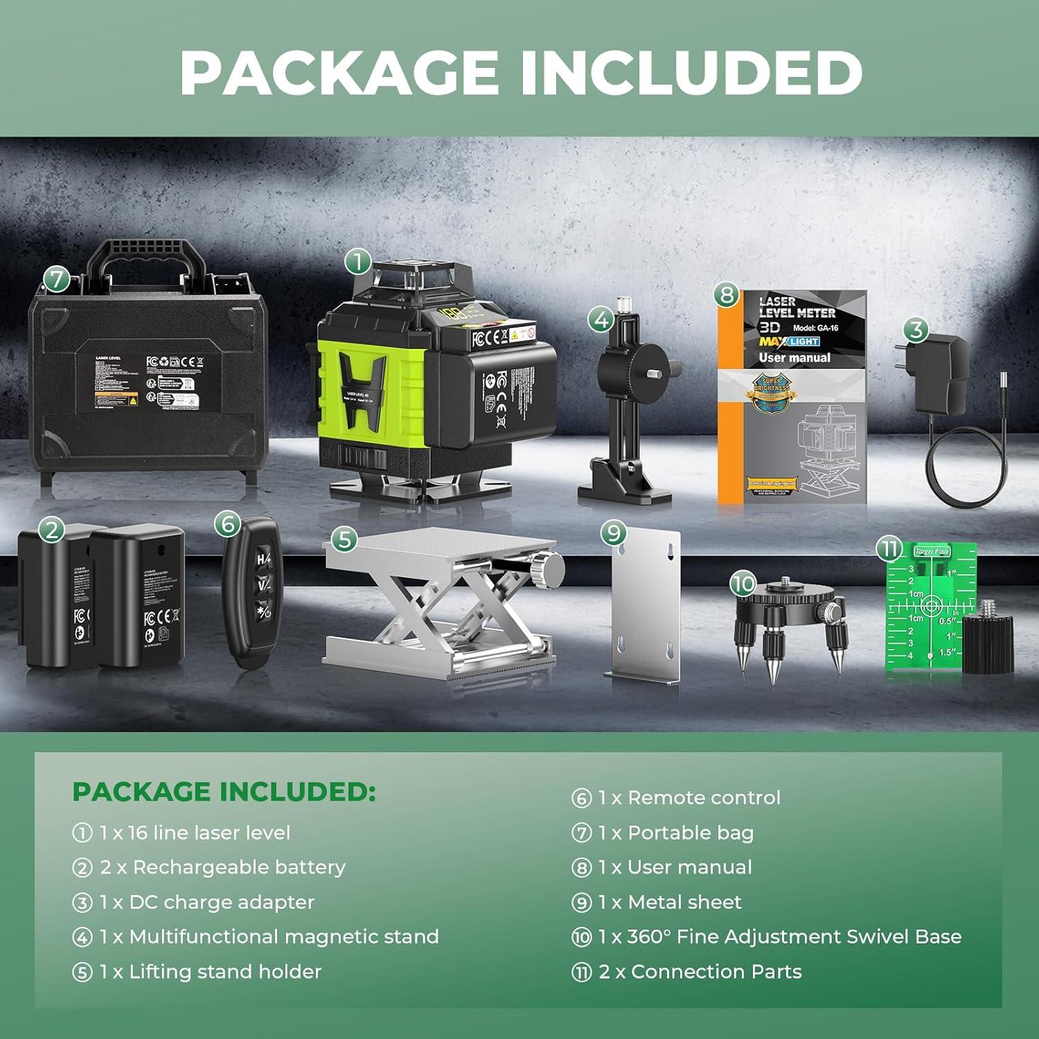 Nivel láser 4D GiBiMoFi 16 líneas 360° auto nivelante verde