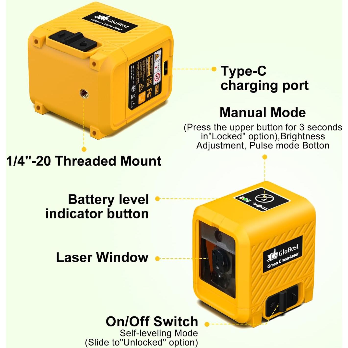 Nivel Láser Verde Autonivelante GloBest con Soporte Magnético