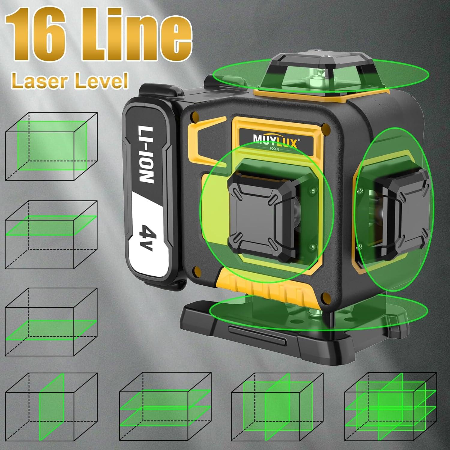 Nivel láser 16 líneas Muylux con trípode 1m y láser verde 4x360°