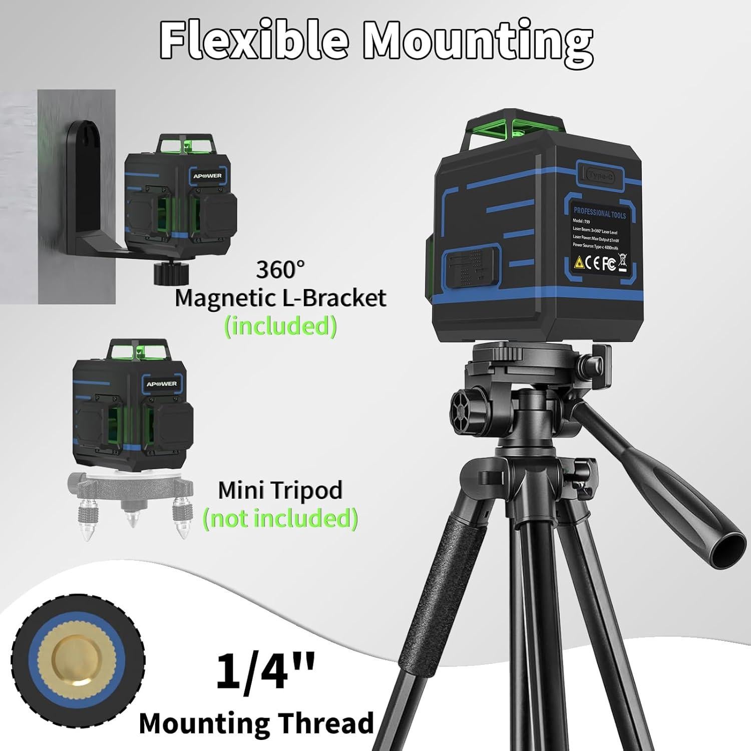 Nivel Láser 360° Autonivelante APOWER con Soporte Magnético