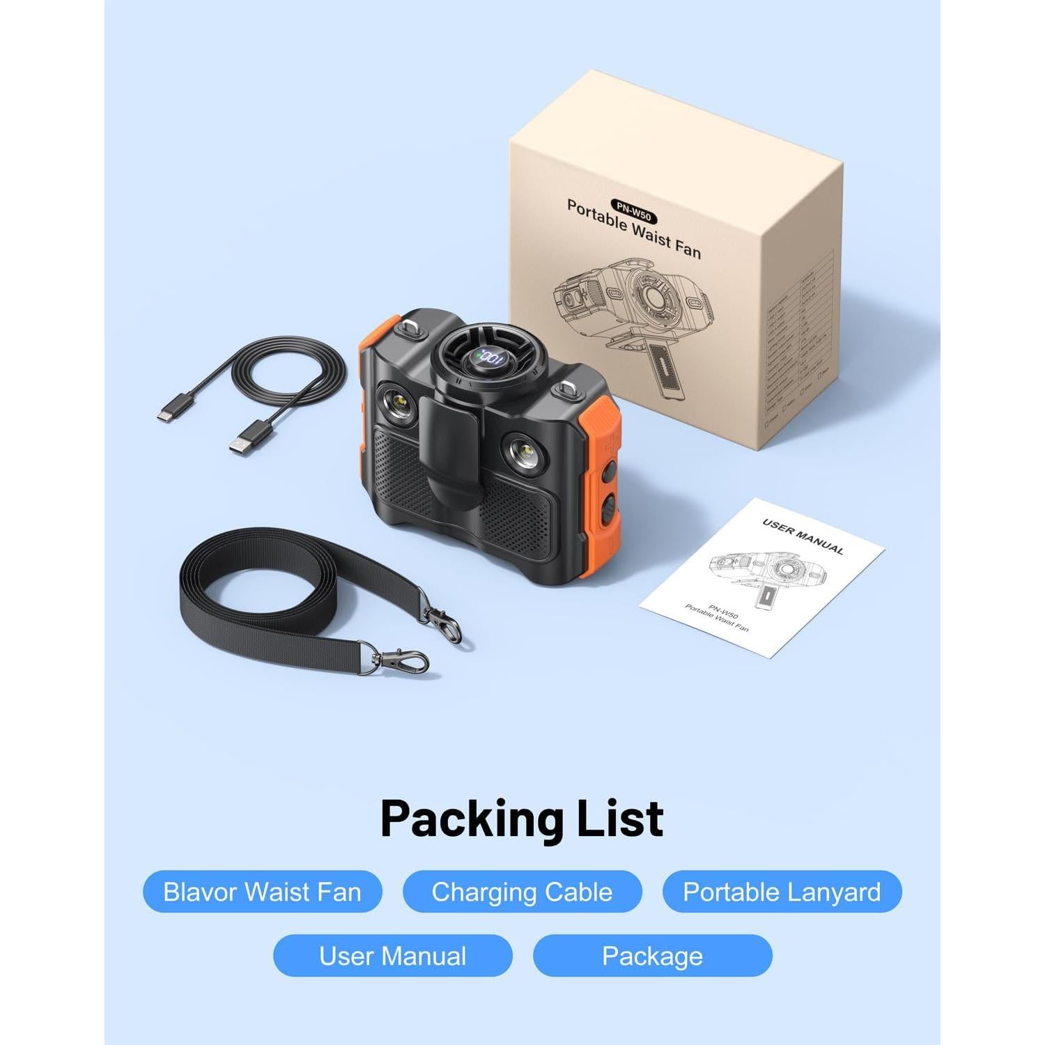 Ventilador Portátil BLAVOR PN-W50 4-en-1 con Bluetooth y Linterna