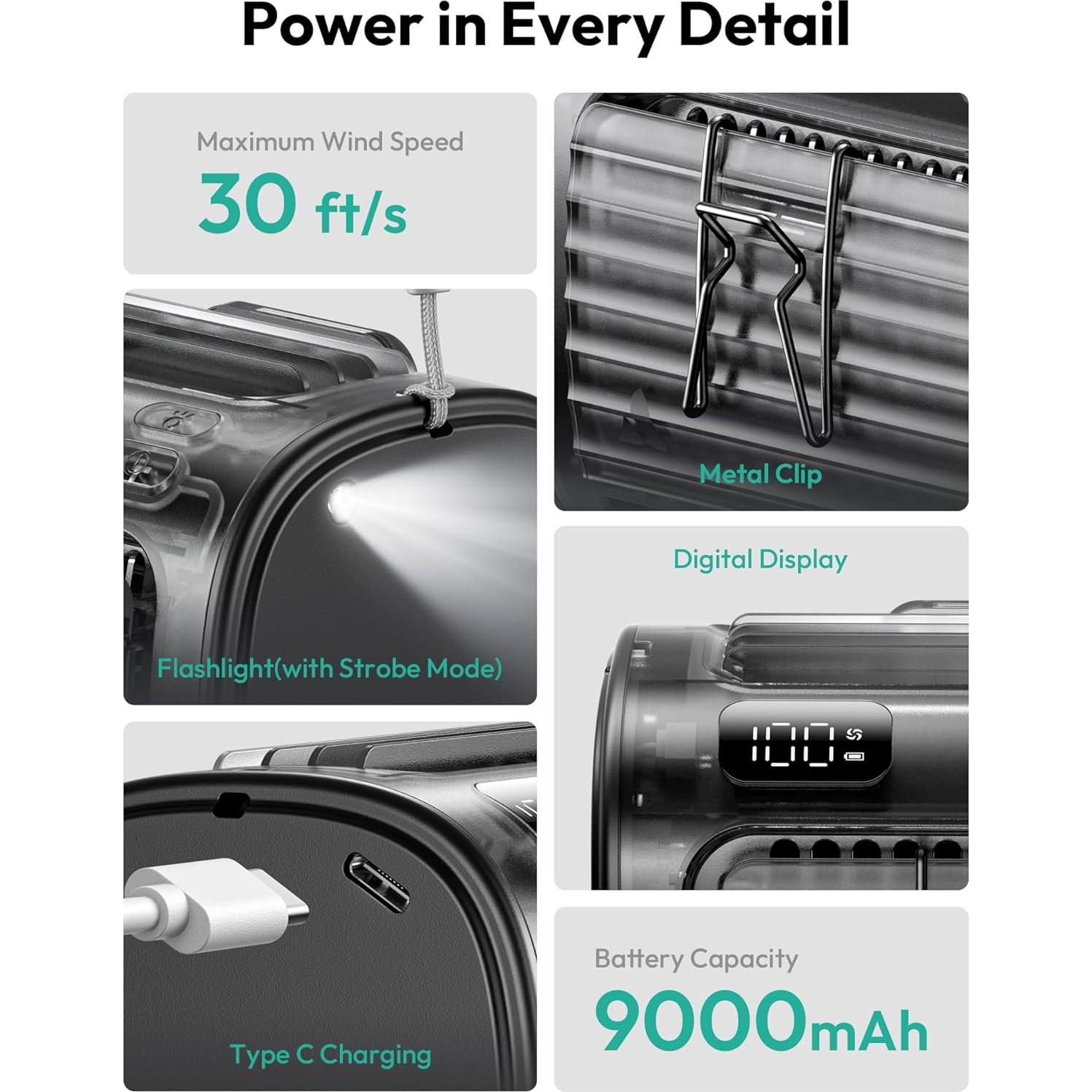 Ventilador Portátil Aecooly de Cintura con Linterna 5 Velocidades