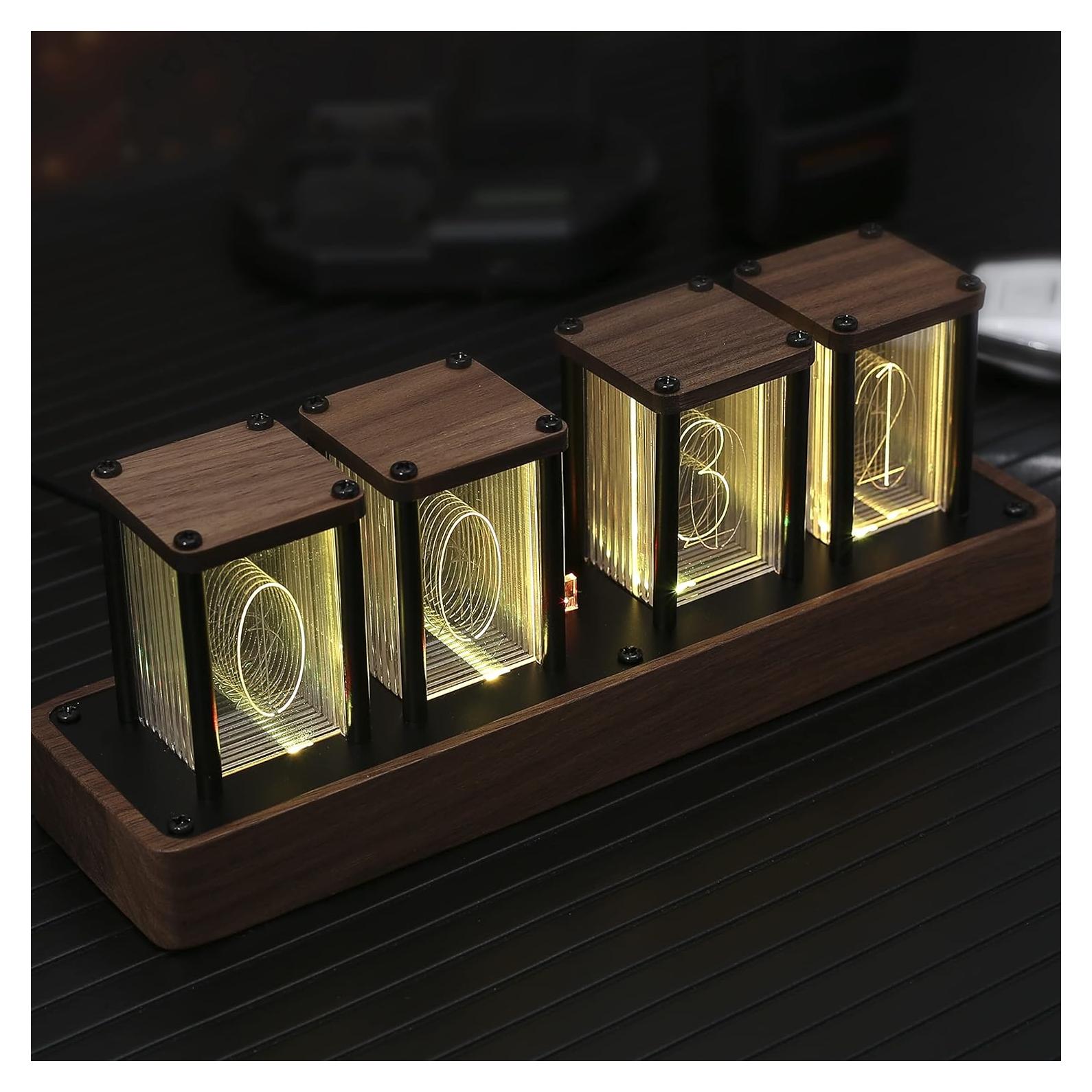 Reloj Digital Tubo Nixie ClocTeck en Nogal, RGB, Alarma