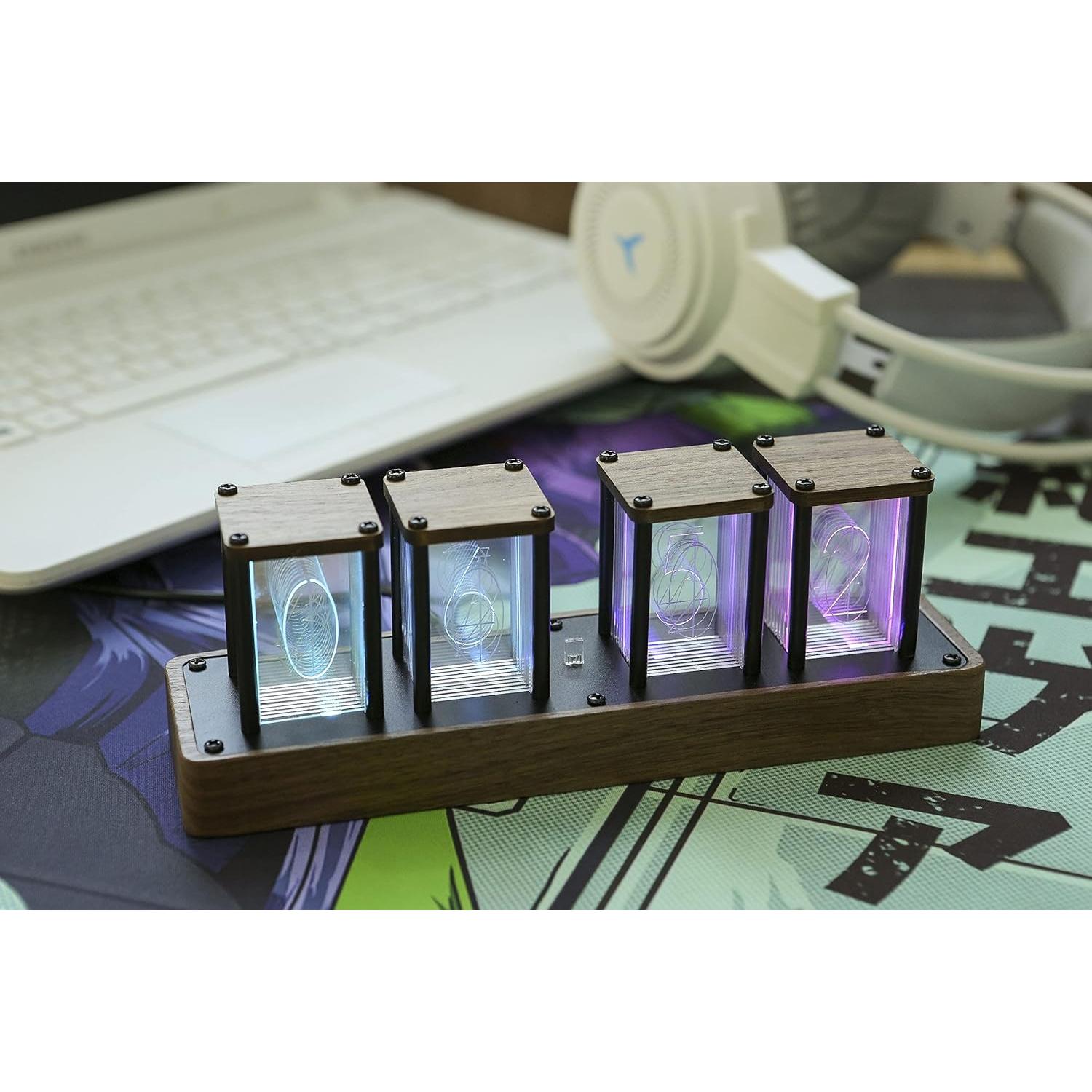 Reloj Digital Tubo Nixie ClocTeck en Nogal, RGB, Alarma