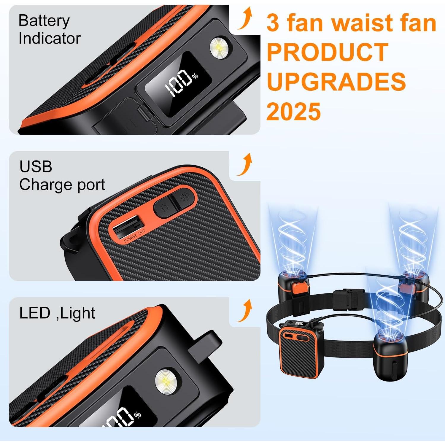 Ventilador Portátil de Cintura UMANNO 10000mAh 20H Negro Naranja