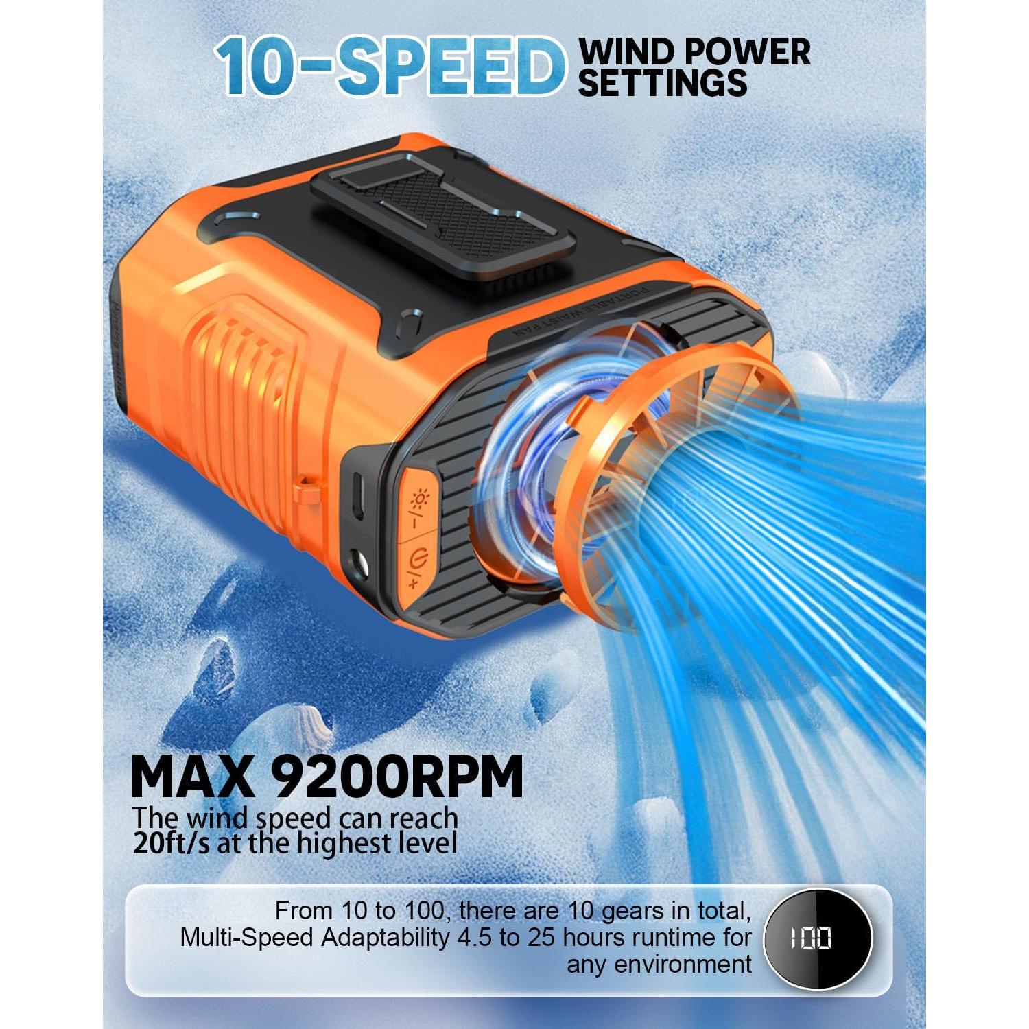 Ventilador Portátil de Cintura Torlaist Naranja 10 Velocidades