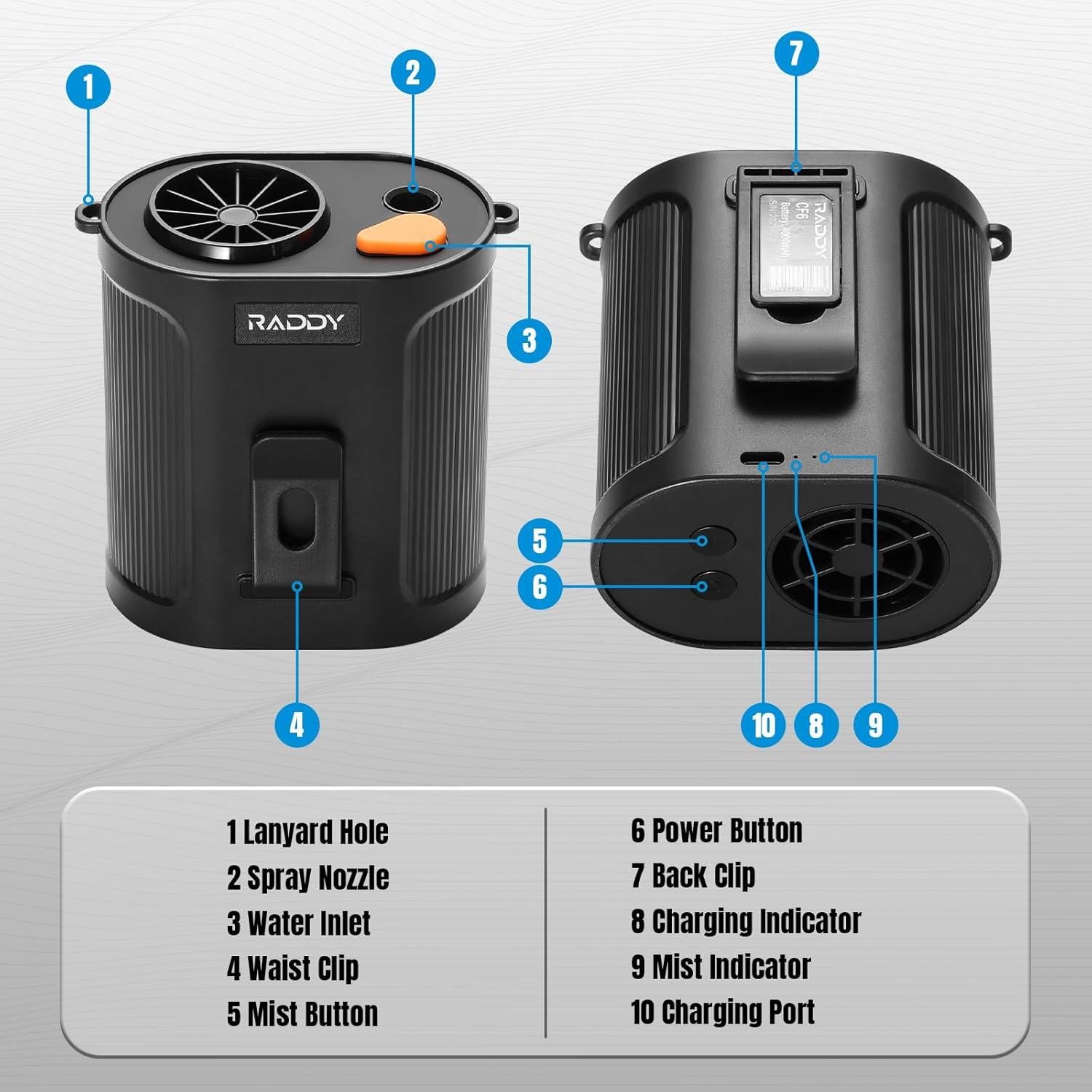 Ventilador Portátil Raddy CF6 con Neblina Refrescante 5 Velocidades