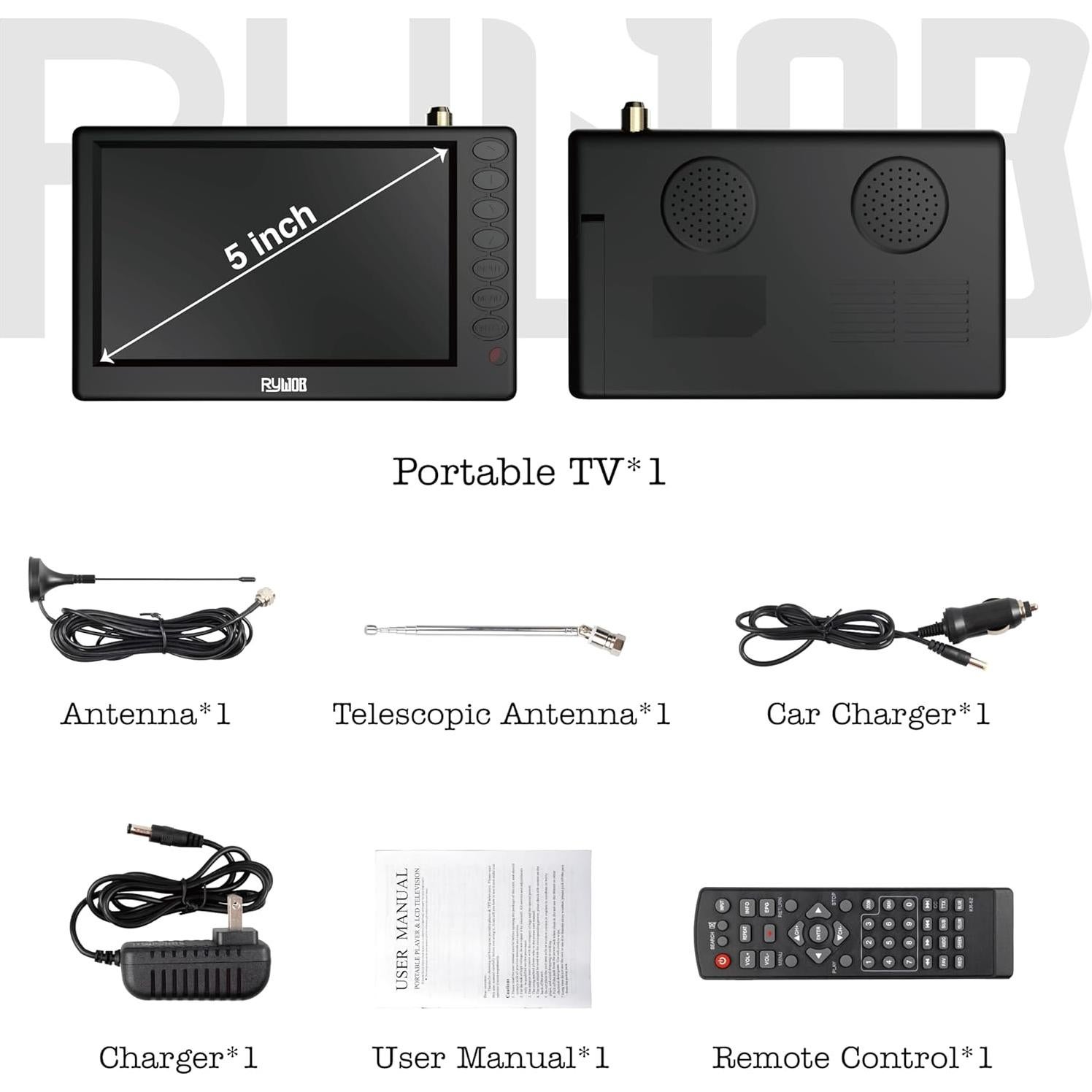 Televisor Portátil Digital Rywob 5" con Batería y Control Remoto