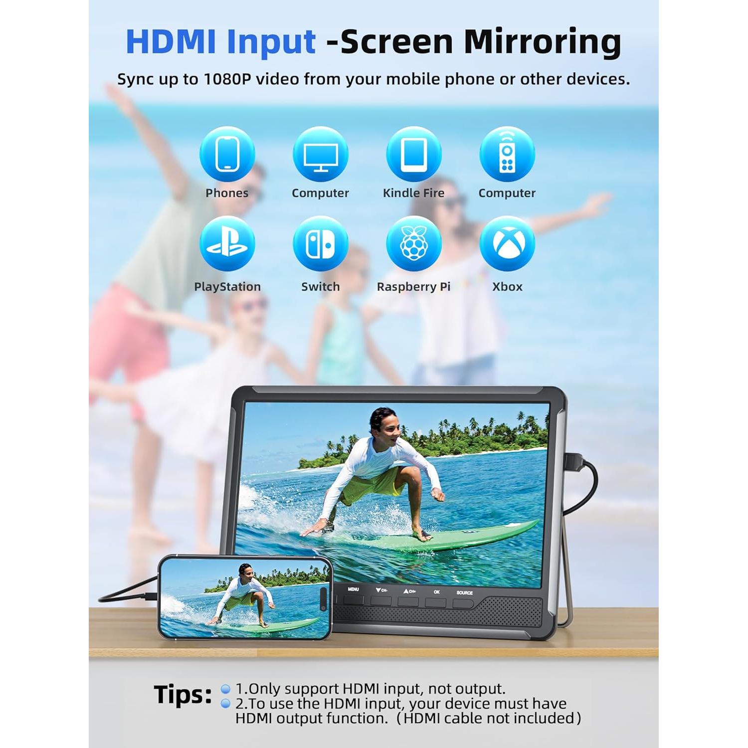 Televisor Portátil Desobry 10.5" HD IPS con HDMI y RCA