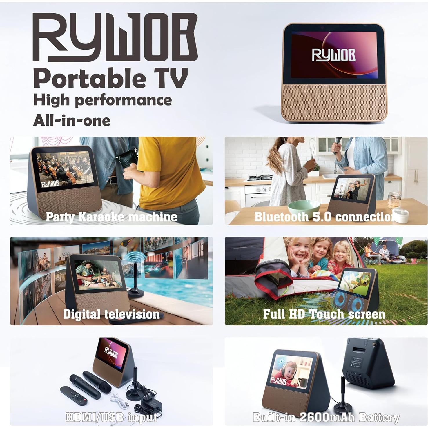 TV Portátil Rywob 7" HD Digital con Karaoke y Bluetooth