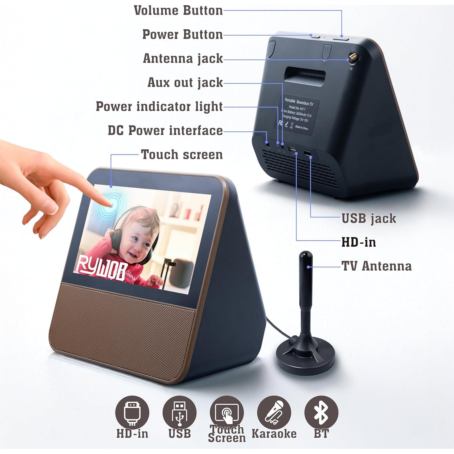 TV Portátil Rywob 7" HD Digital con Karaoke y Bluetooth