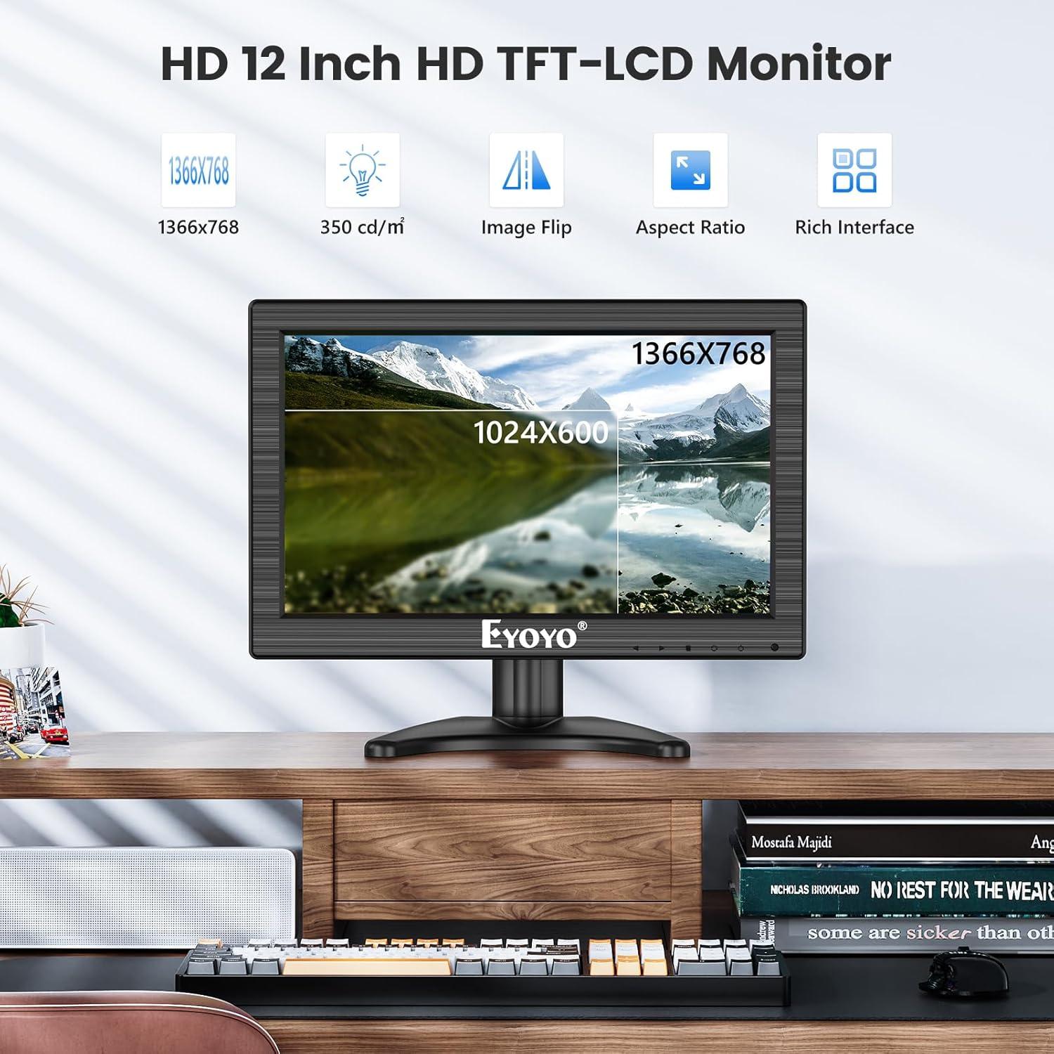 Monitor LCD 12" Eyoyo 1366x768 HDMI VGA BNC AV para PC