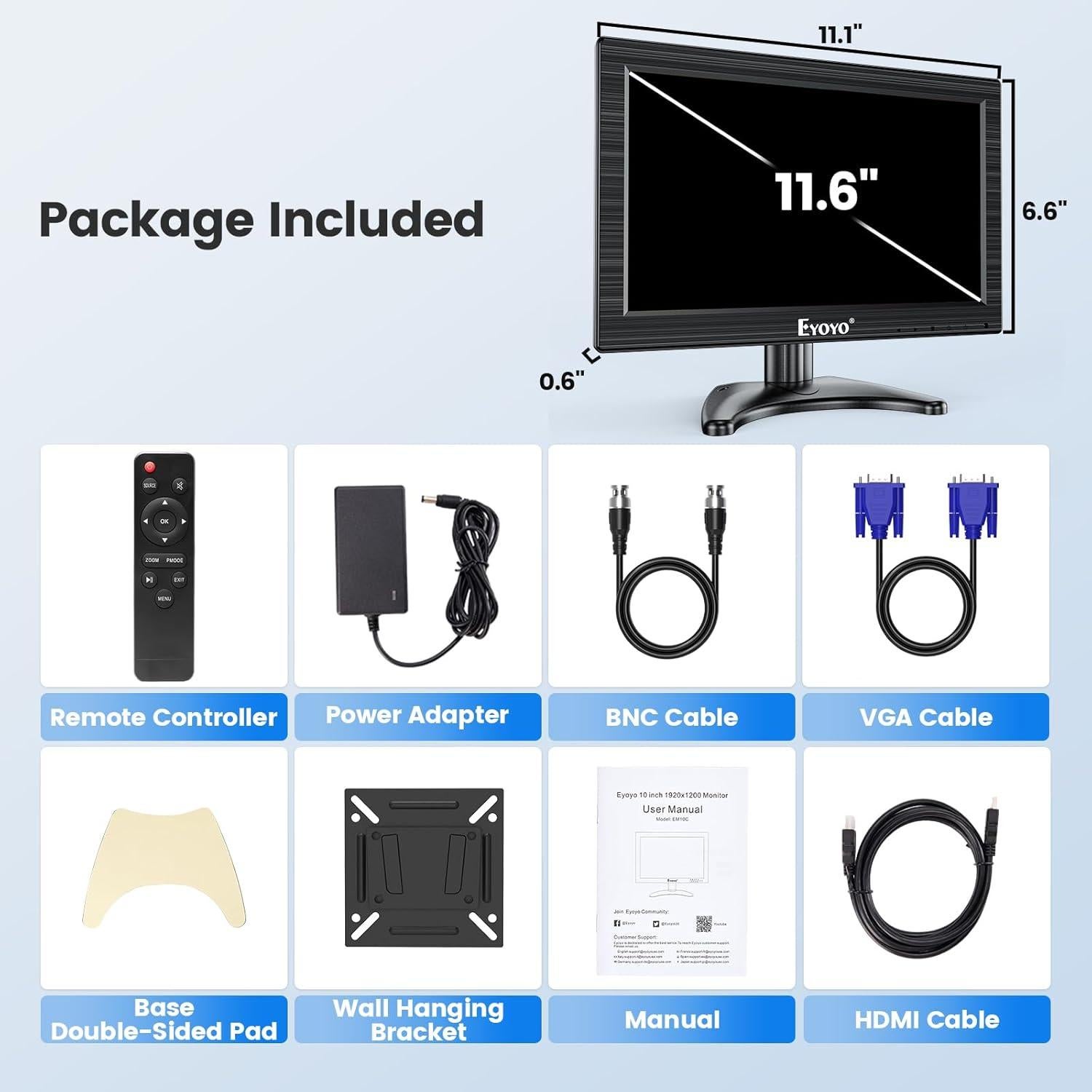 Monitor LCD 12" Eyoyo 1366x768 HDMI VGA BNC AV para PC