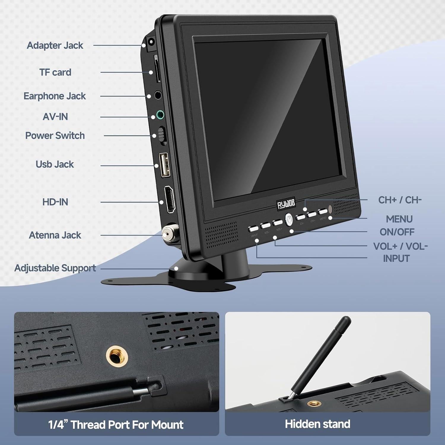 TV Portátil Rywob 7" Batería Recargable ATSC USB AV