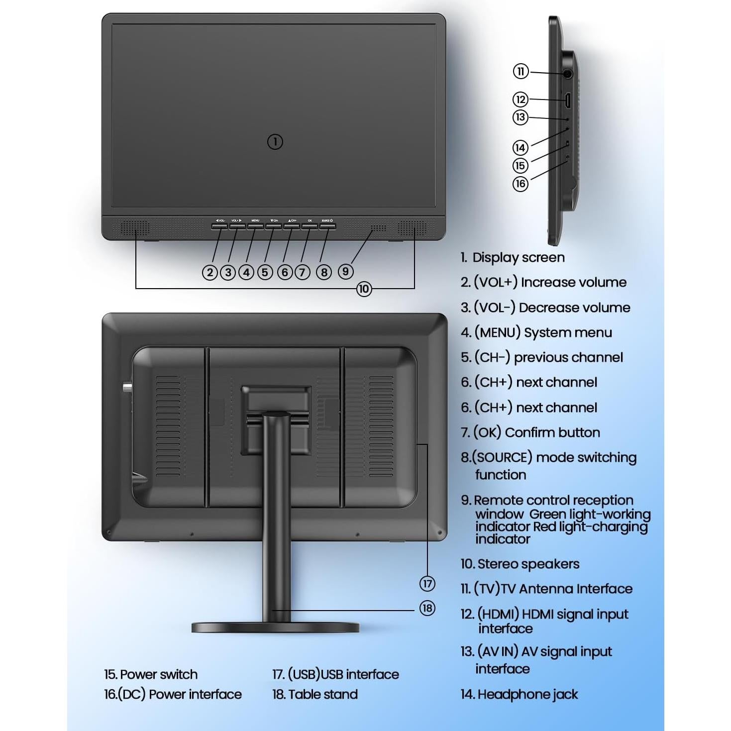 Televisor Portátil Desobry 18" con Batería 6500mAh y HDMI