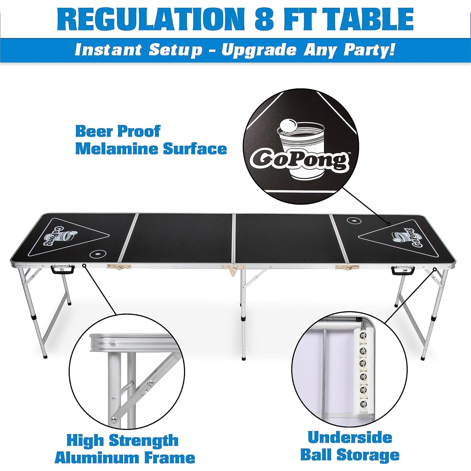 Mesa de Beer Pong Portátil GoPong 8 Pies Negra Plegable