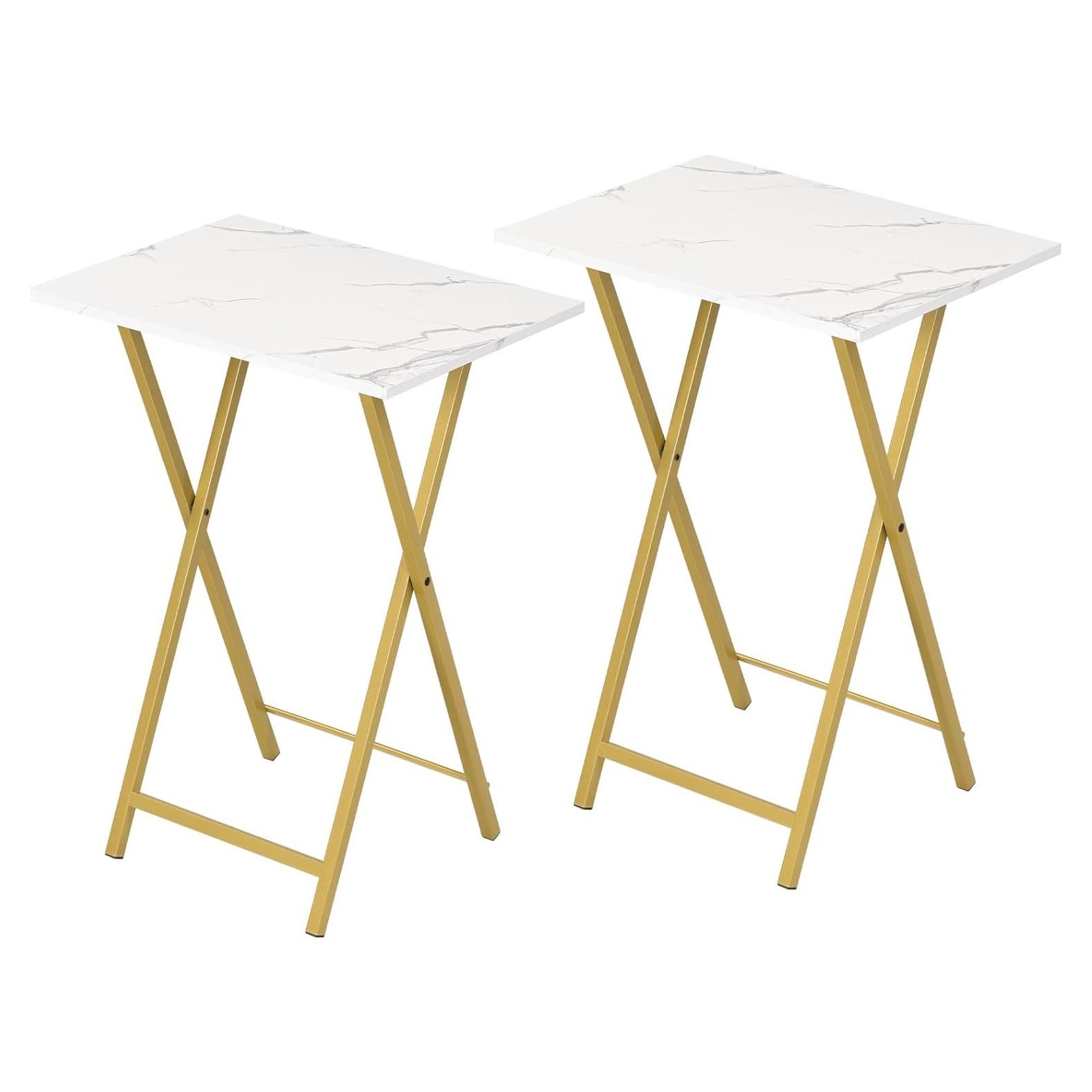 Mesas de bandeja de TV plegables HOOBRO, juego de 2, mármol y oro