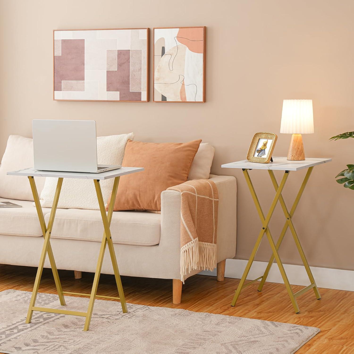 Mesas de bandeja de TV plegables HOOBRO, juego de 2, mármol y oro