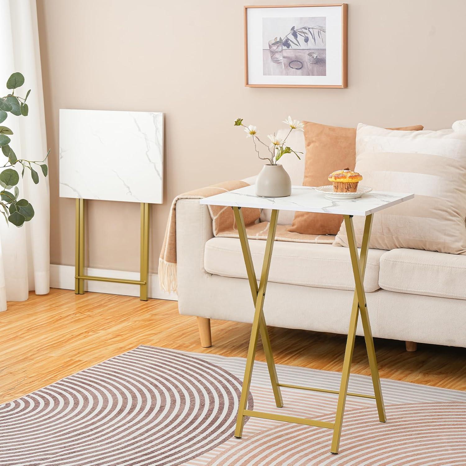 Mesas de bandeja de TV plegables HOOBRO, juego de 2, mármol y oro