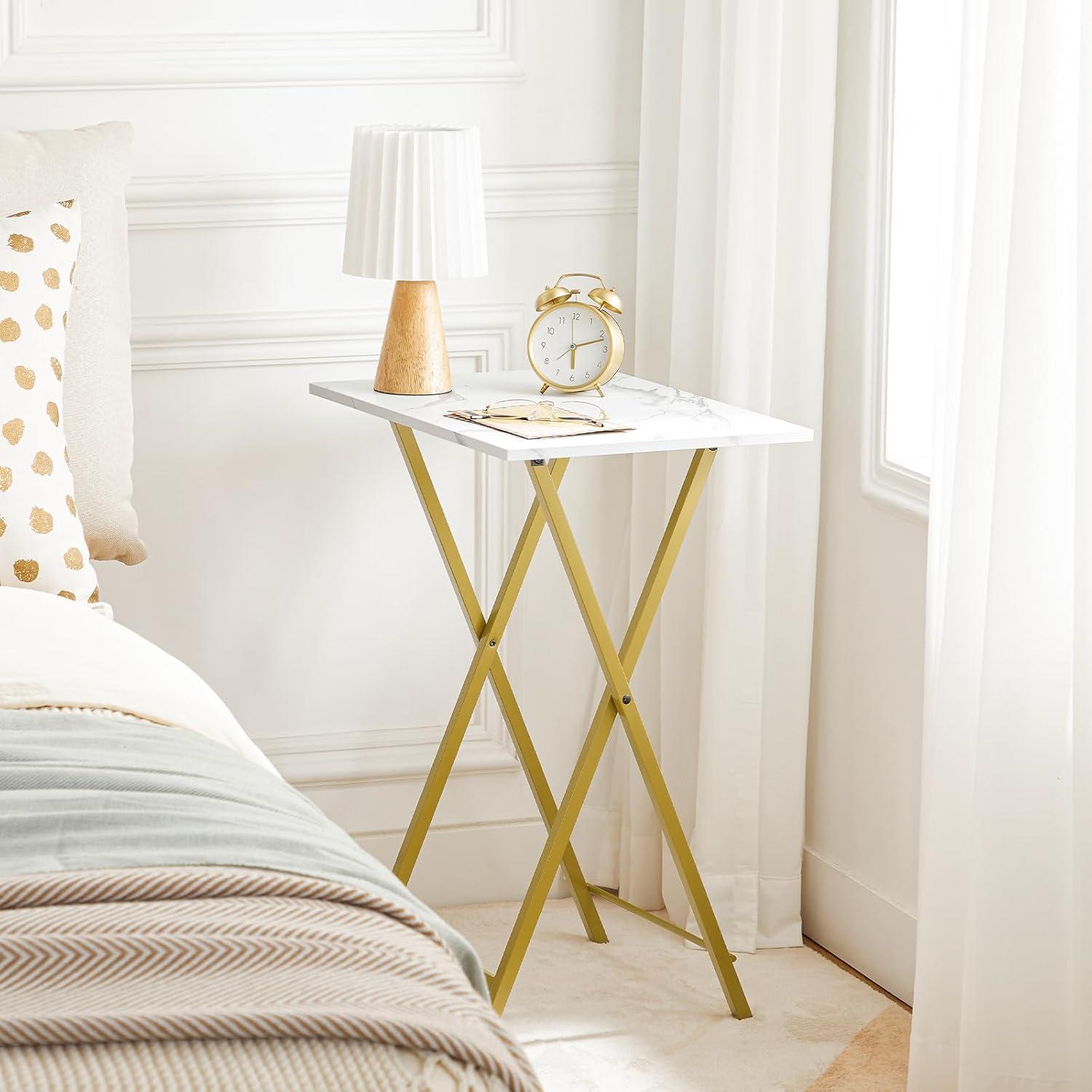 Mesas de bandeja de TV plegables HOOBRO, juego de 2, mármol y oro