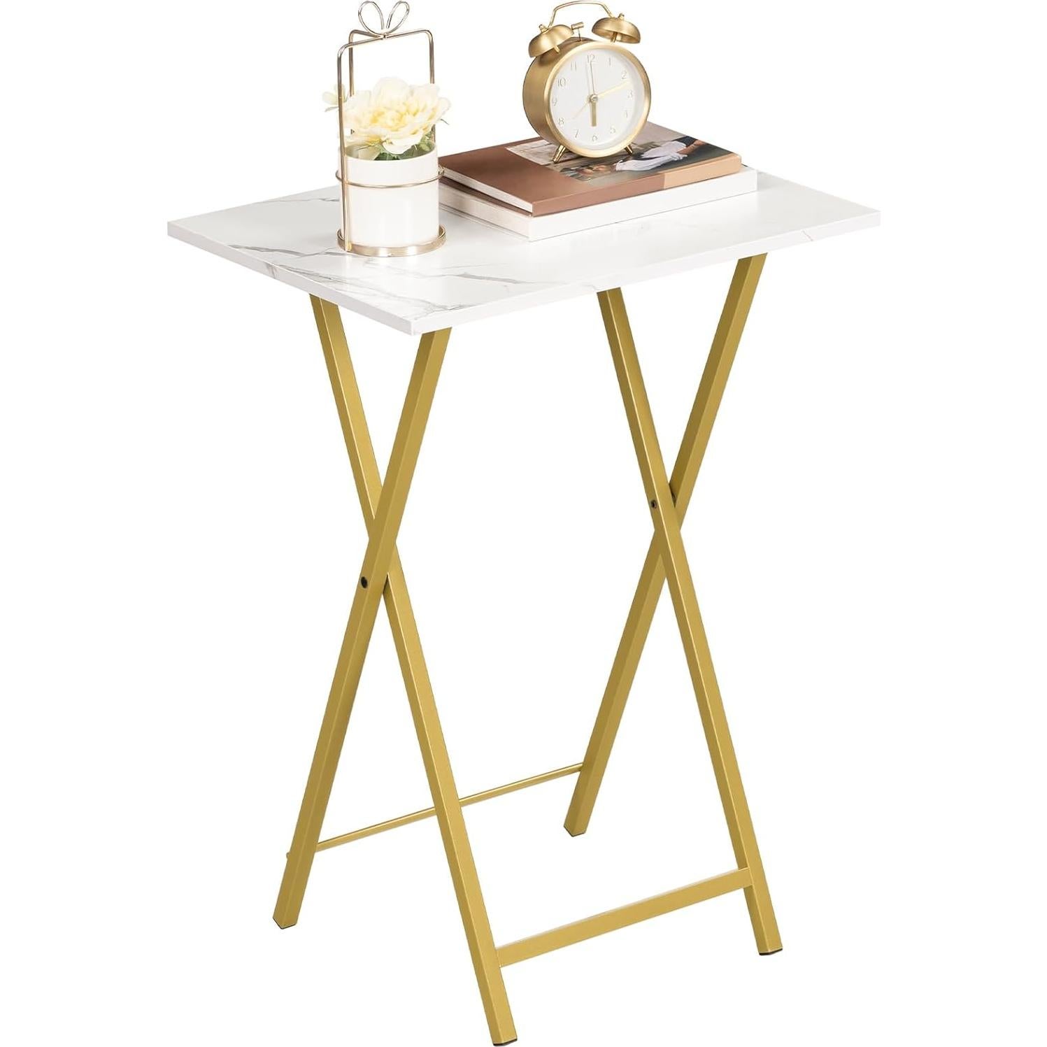 Mesas de bandeja de TV plegables HOOBRO, juego de 2, mármol y oro