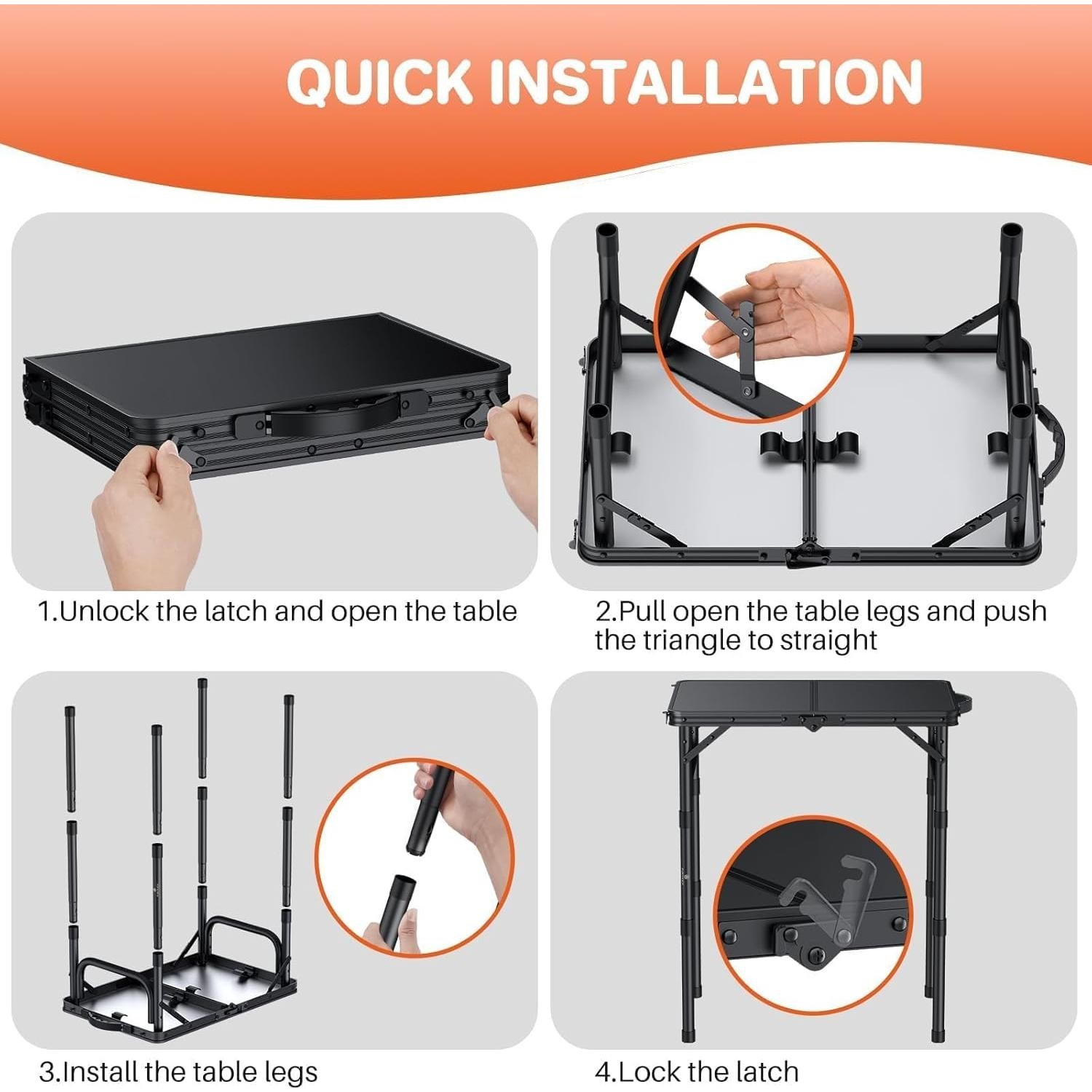 Mesa de Camping Plegable FUNYKICH 3 Alturas Ajustables Negra