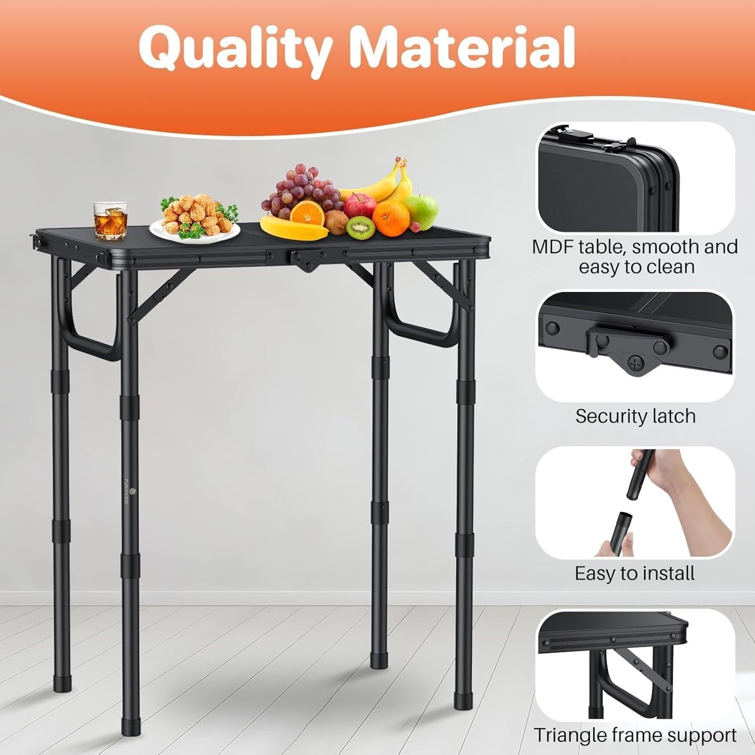 Mesa de Camping Plegable FUNYKICH 3 Alturas Ajustables Negra