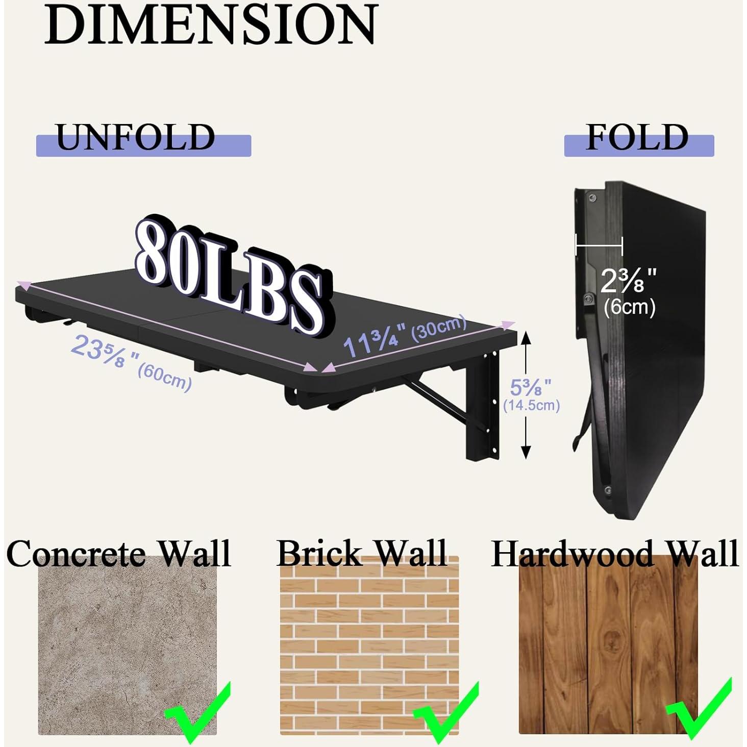 Mesa Plegable de Pared TEAMIX, Escritorio Flotante Negro 60x30 cm