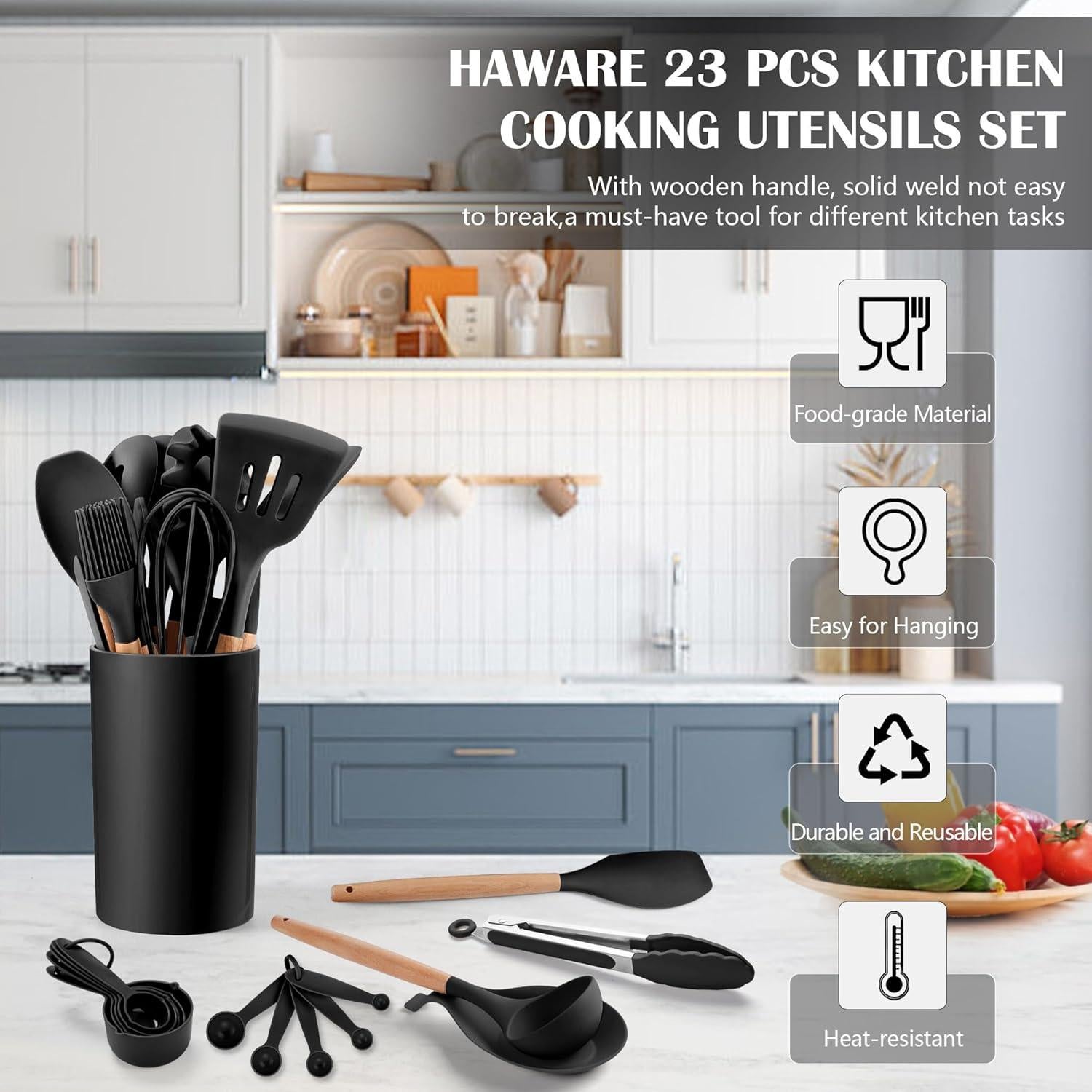 Juego de Utensilios de Cocina HaWare 23 Piezas Silicona y Madera