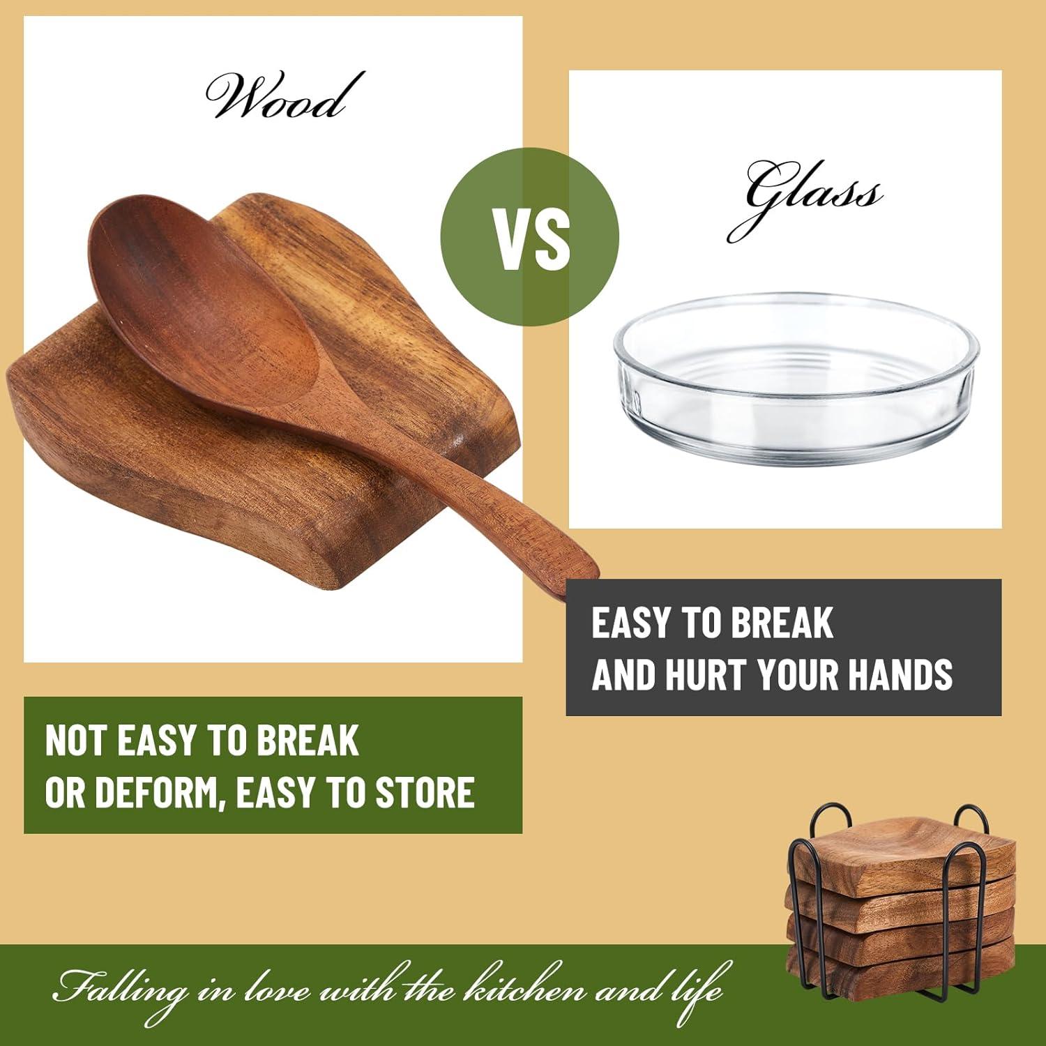 Juego de 4 Soportes para Cucharas de Madera Acacia con Soporte Metal