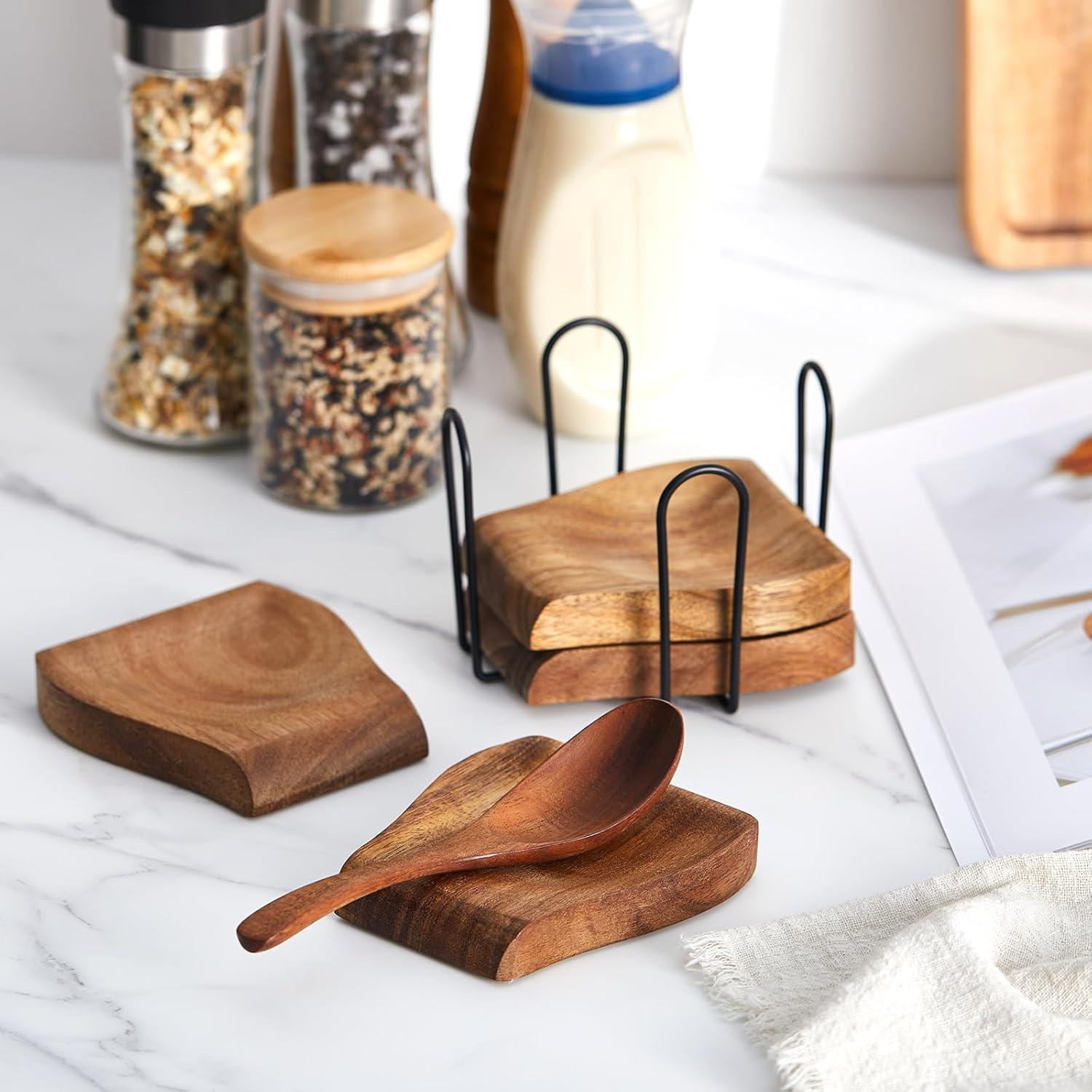 Juego de 4 Soportes para Cucharas de Madera Acacia con Soporte Metal