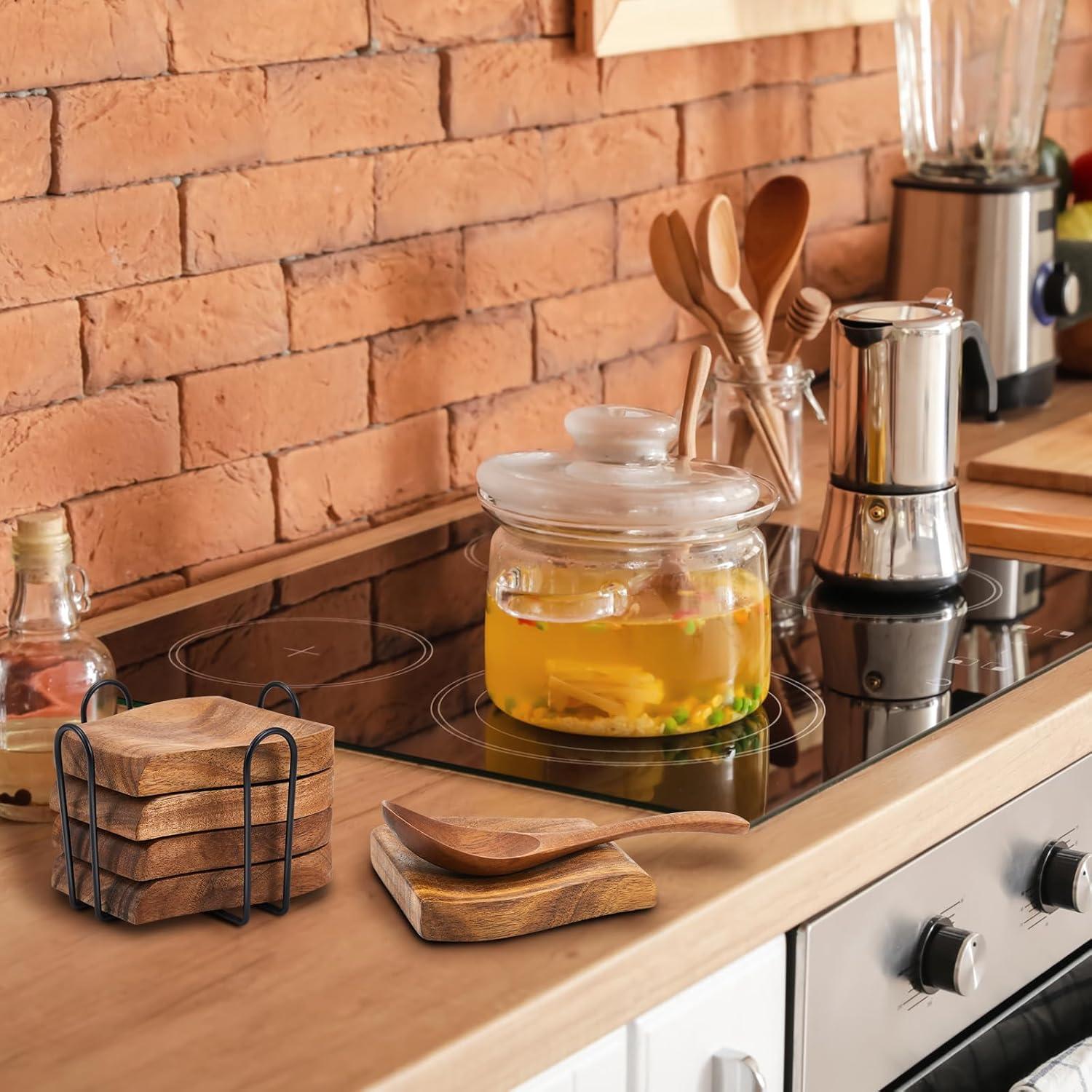 Juego de 4 Soportes para Cucharas de Madera Acacia con Soporte Metal