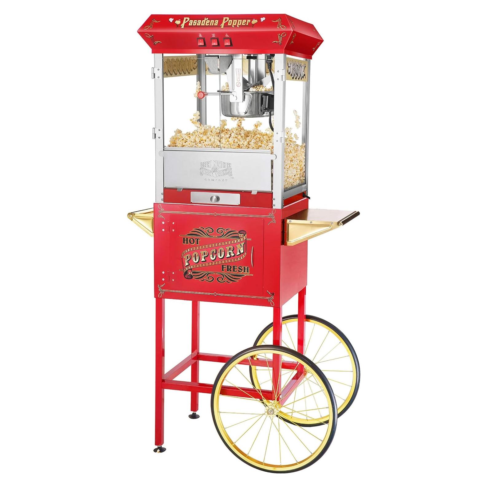 Pasadena Popcorn Machine with Cart- Popper Makes 3 Gallons- 8-Ounce Kettle, Old Maids Drawer, Warming Tray & Scoop by Great Northern Popcorn (Red)