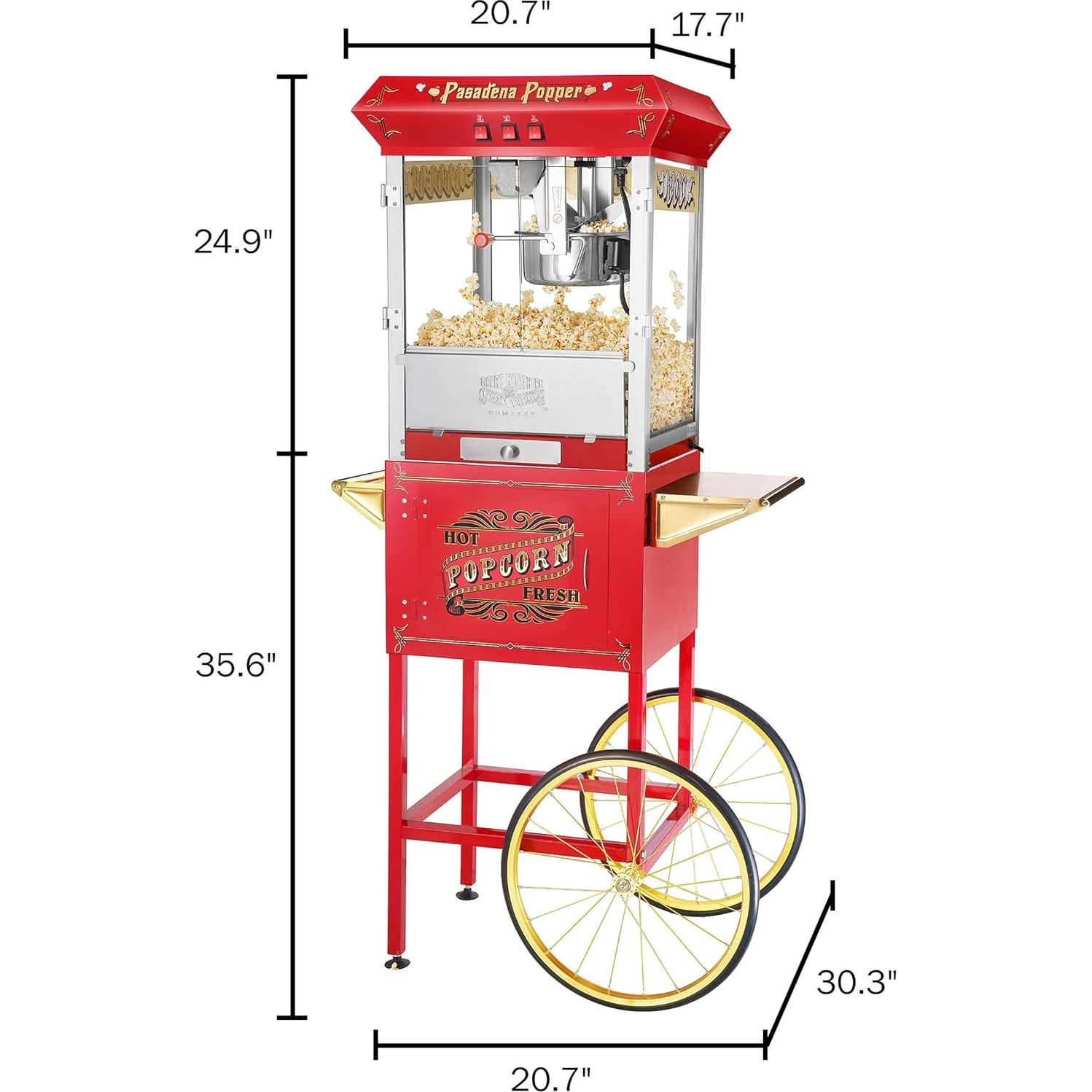 Pasadena Popcorn Machine with Cart- Popper Makes 3 Gallons- 8-Ounce Kettle, Old Maids Drawer, Warming Tray & Scoop by Great Northern Popcorn (Red)