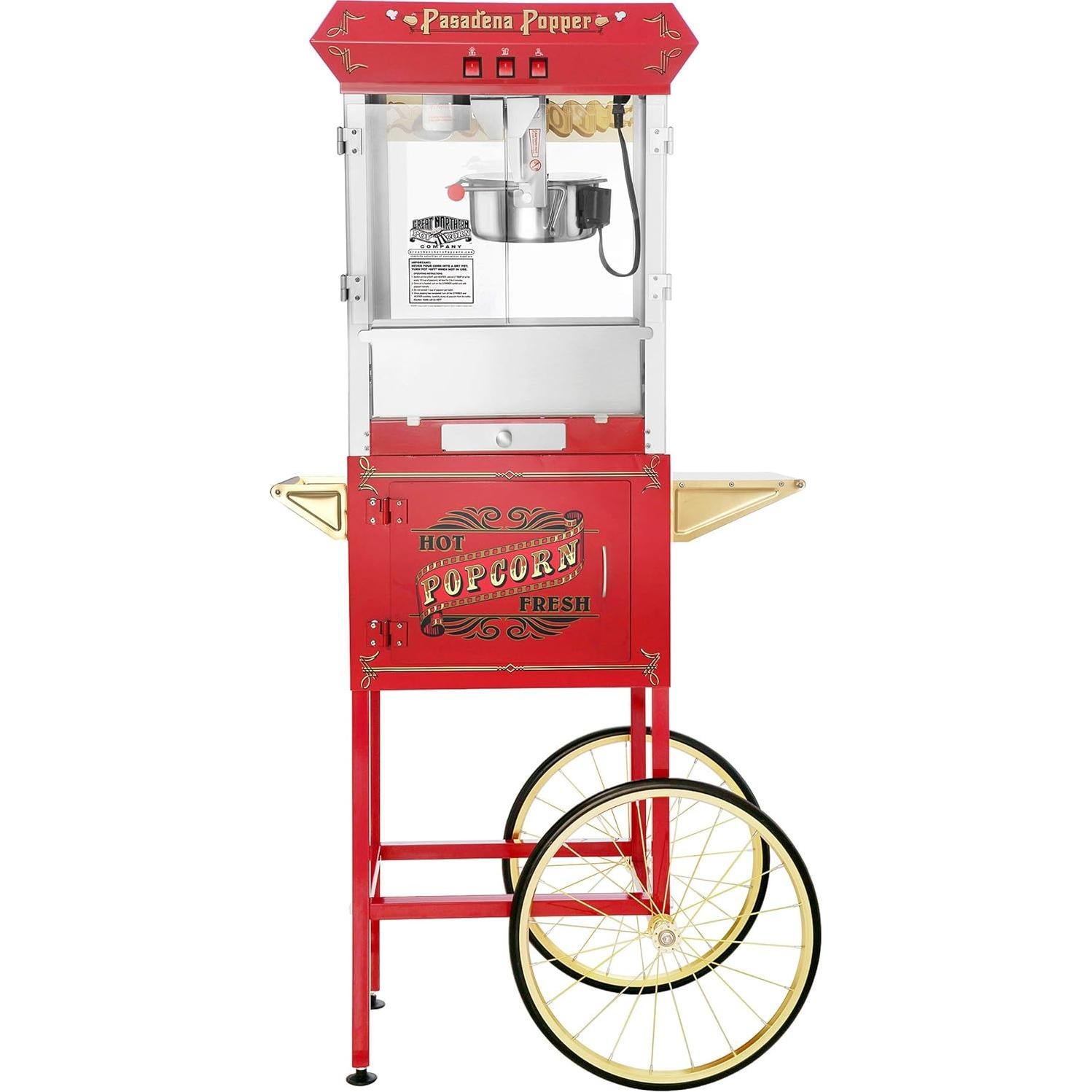 Pasadena Popcorn Machine with Cart- Popper Makes 3 Gallons- 8-Ounce Kettle, Old Maids Drawer, Warming Tray & Scoop by Great Northern Popcorn (Red)