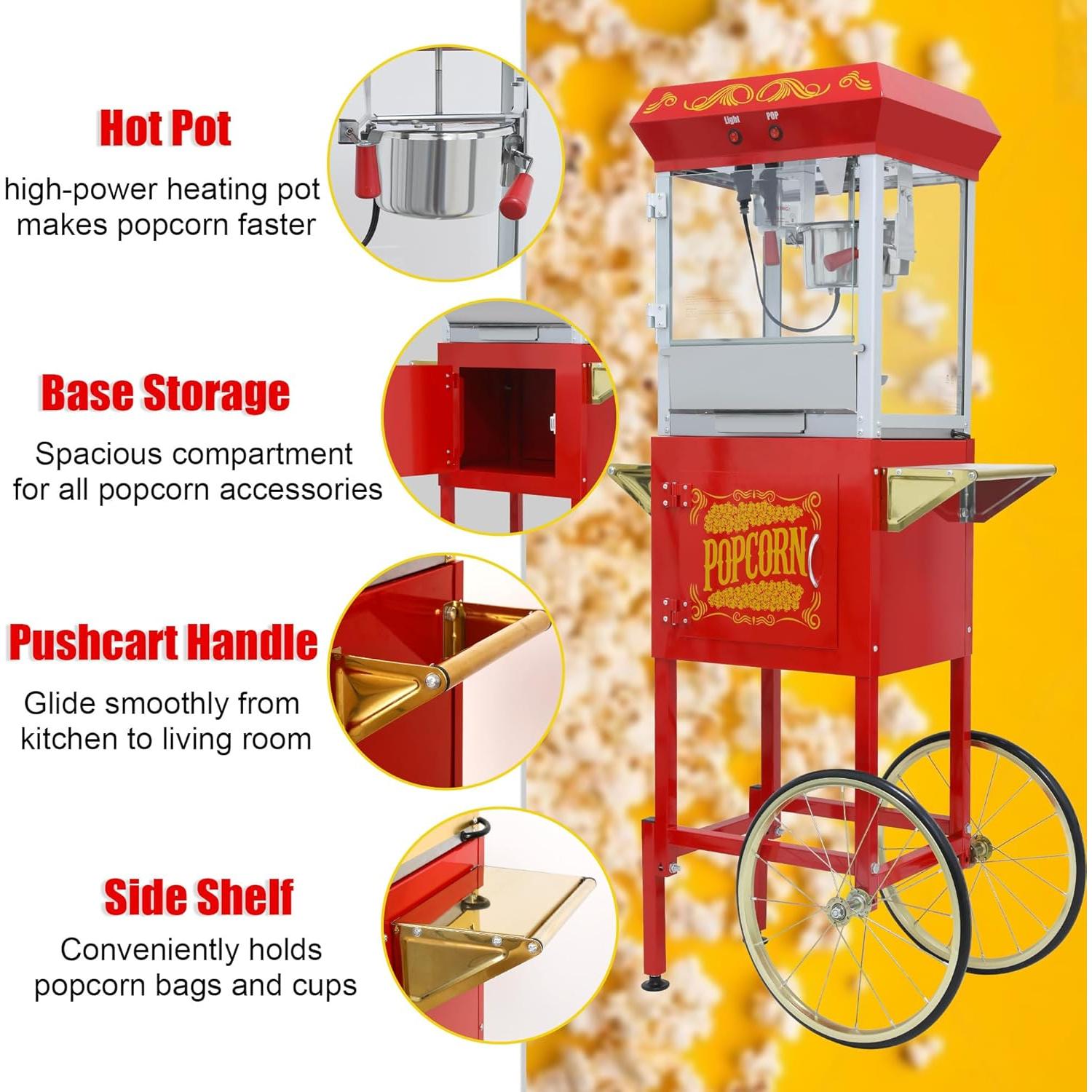 Máquina de Palomitas Sesslife 8oz con Carrito Rojo Desmontable