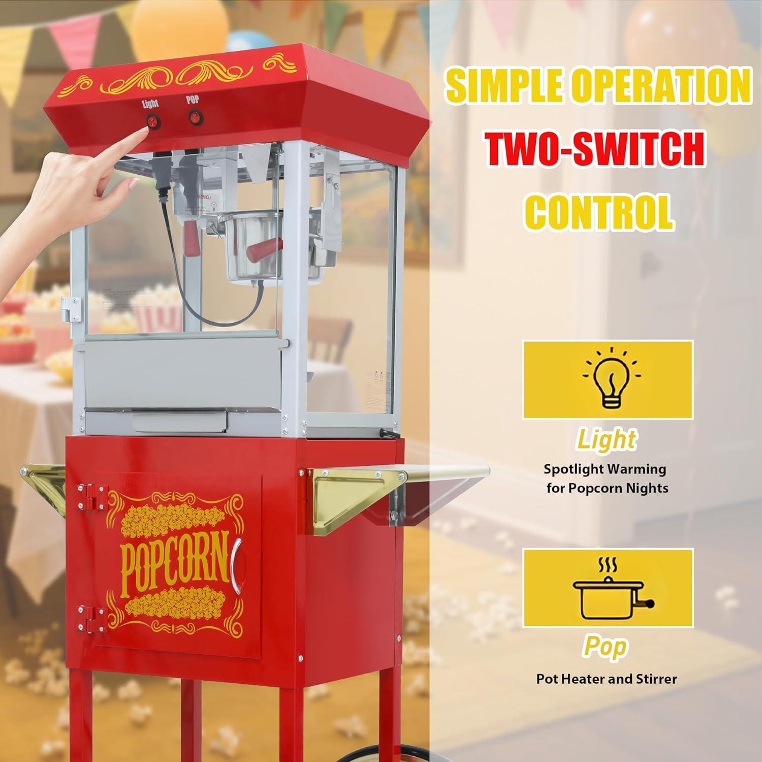 Máquina de Palomitas Sesslife 8oz con Carrito Rojo Desmontable